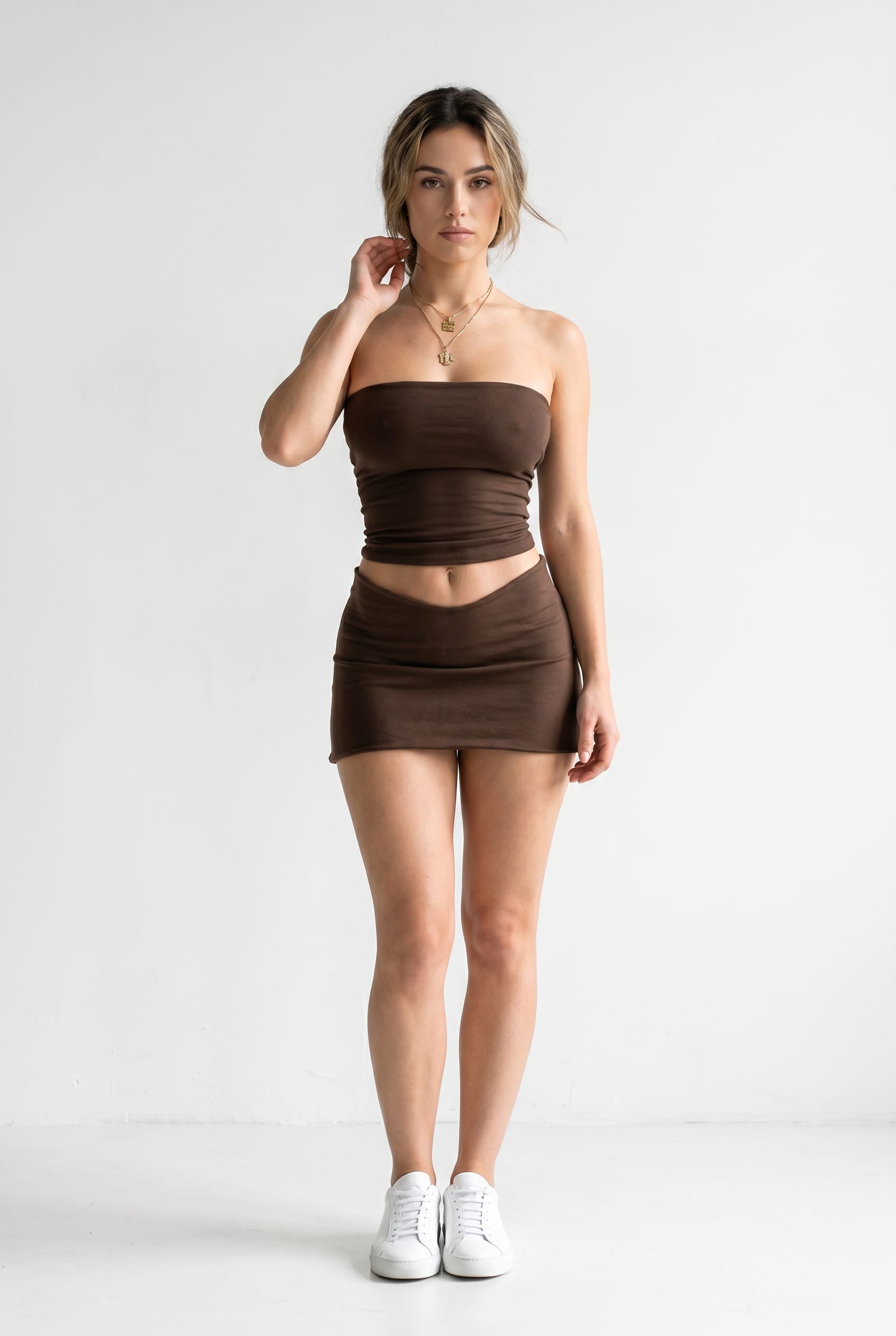 Chocolate Brown Tube Top Mini Skirt Set
