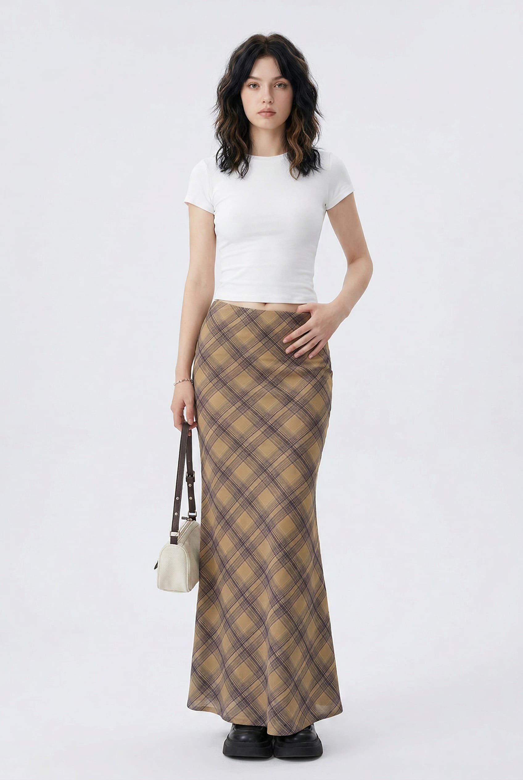 Tan Plaid Bias-Cut Maxi Skirt