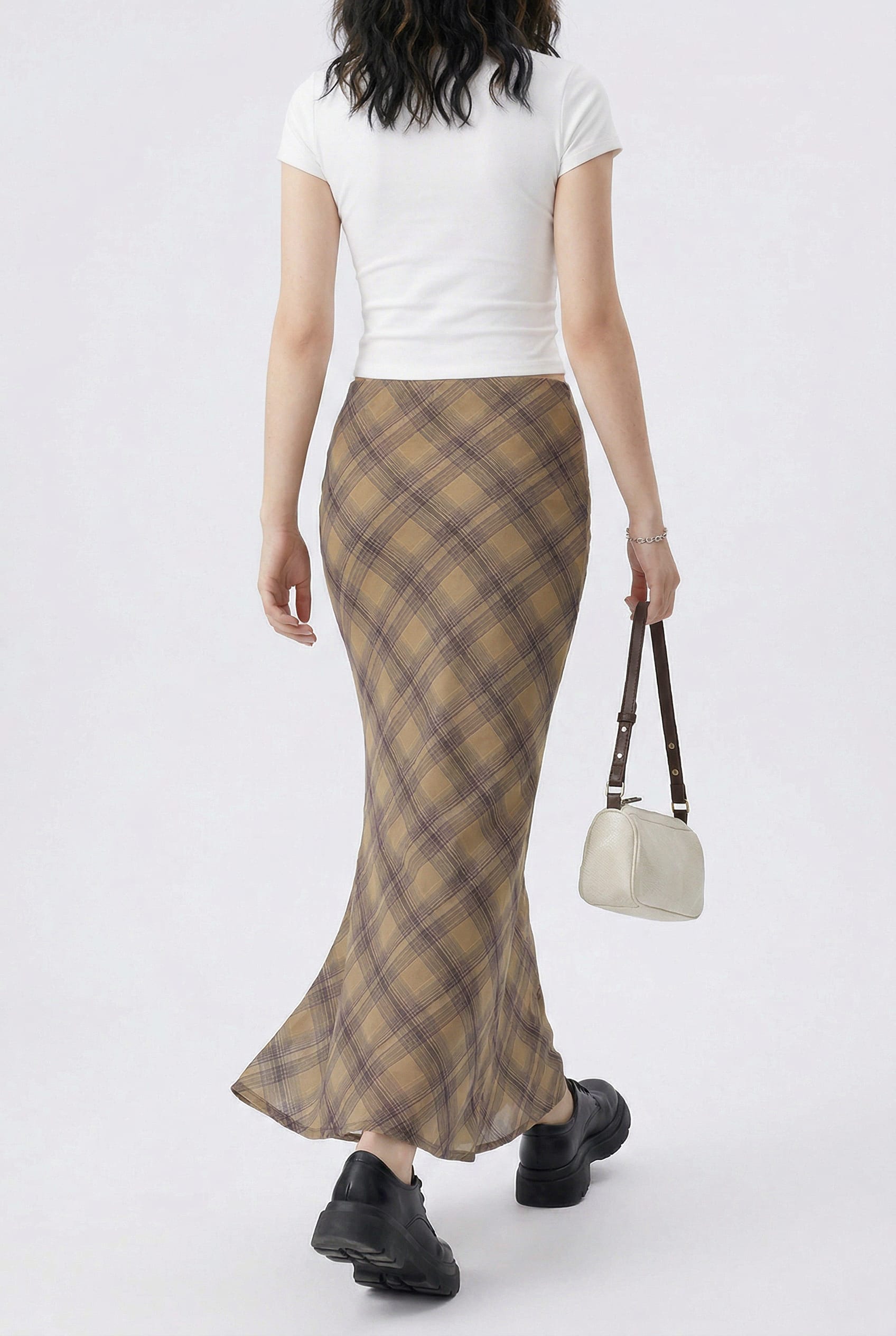 Tan Plaid Bias-Cut Maxi Skirt