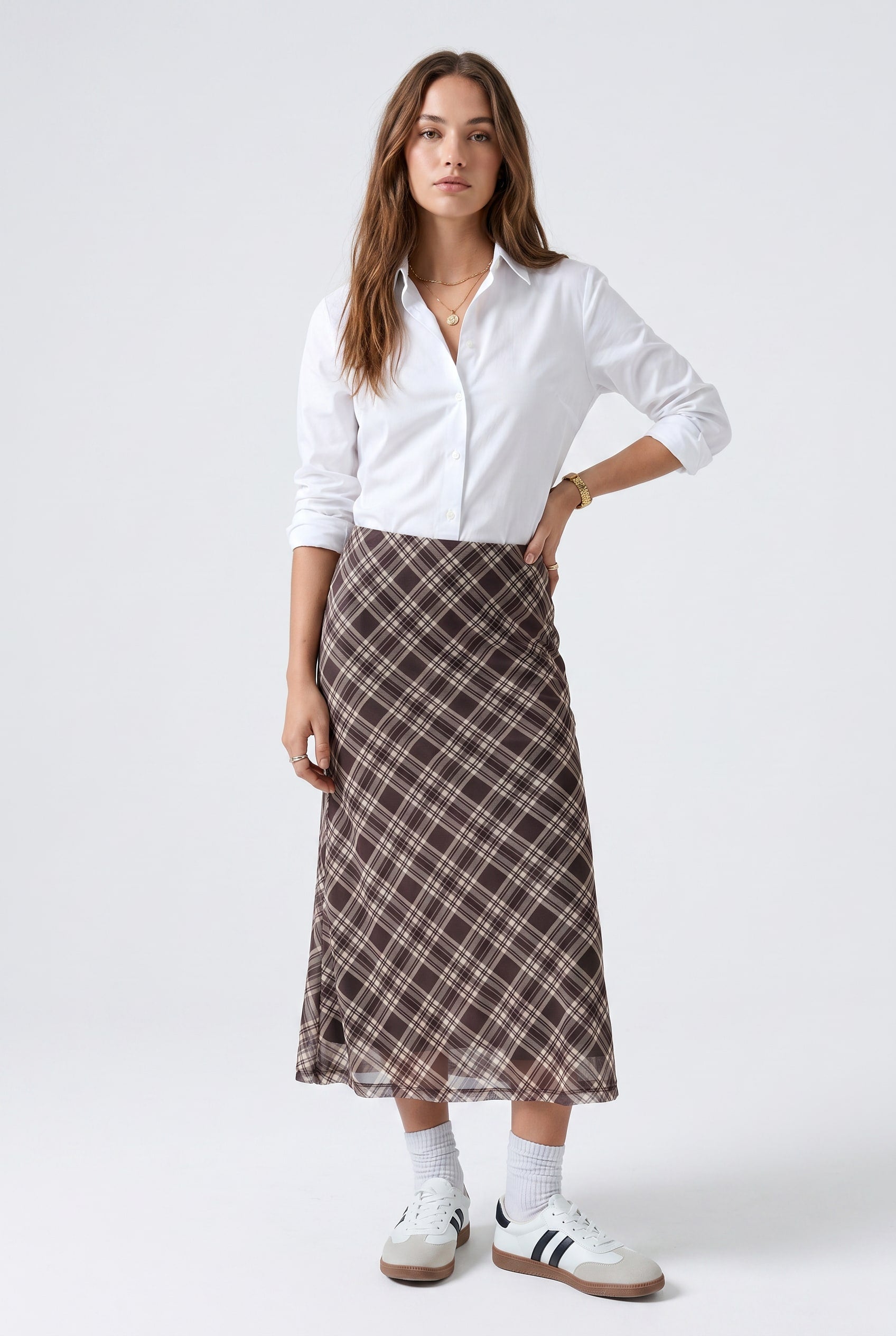 Brown Plaid Bias-Cut Midi Skirt