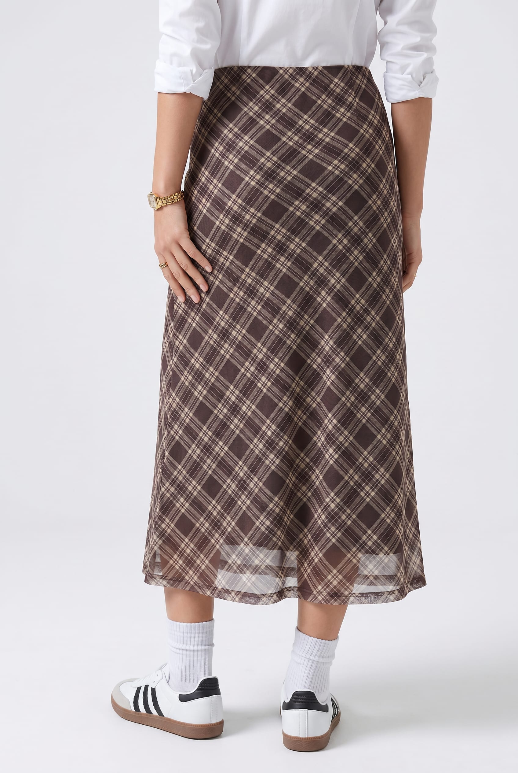 Brown Plaid Bias-Cut Midi Skirt