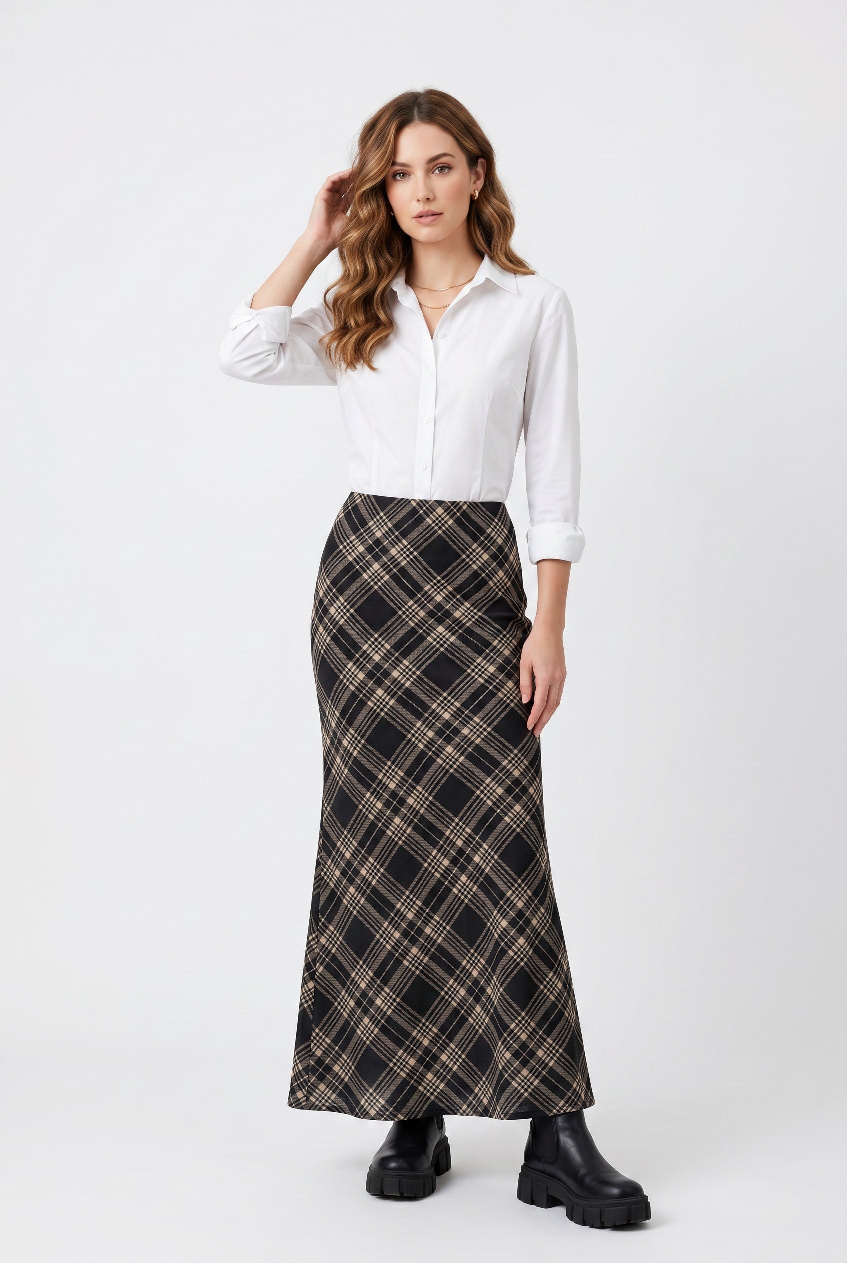 Black Plaid Bias-Cut Maxi Skirt