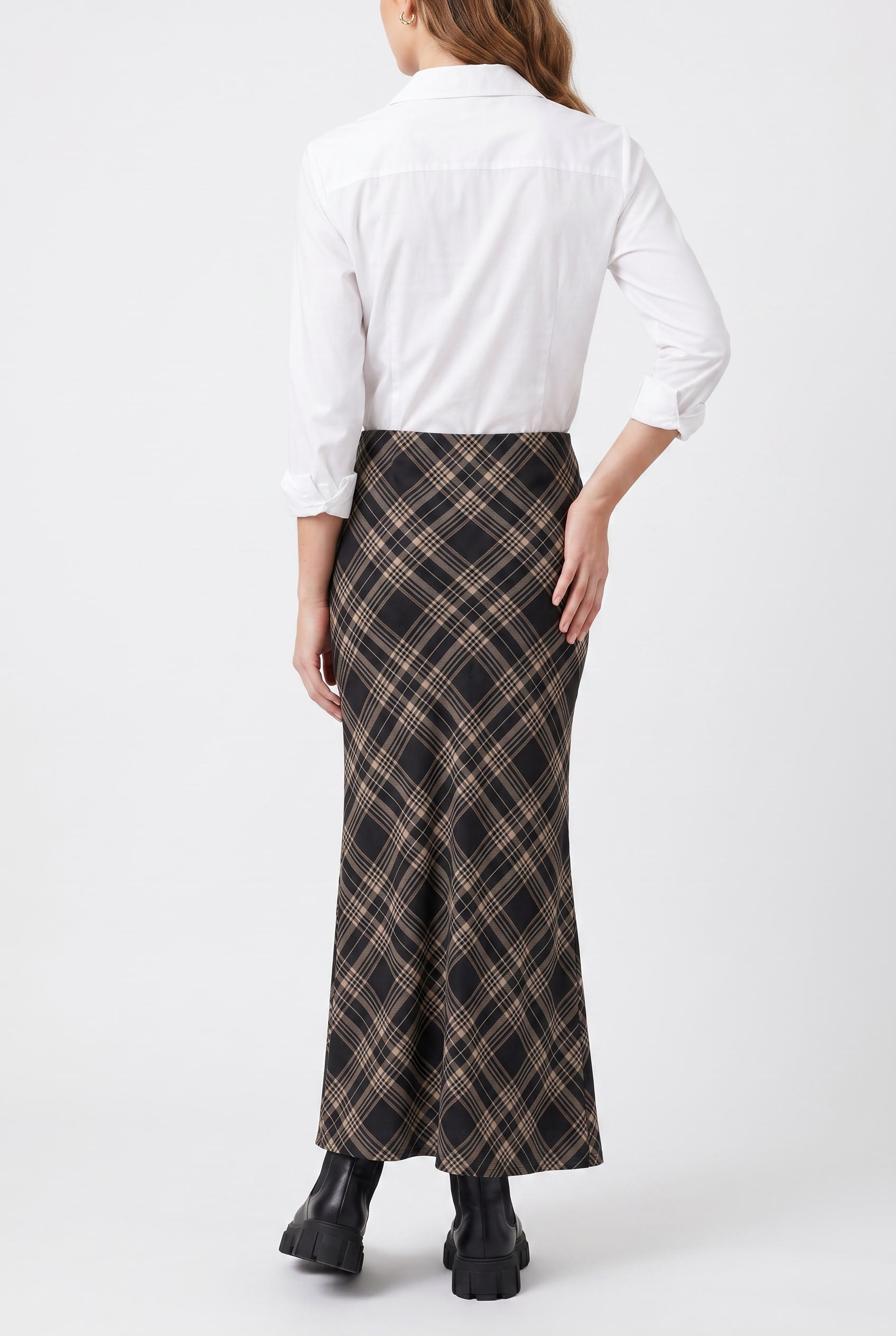 Black Plaid Bias-Cut Maxi Skirt