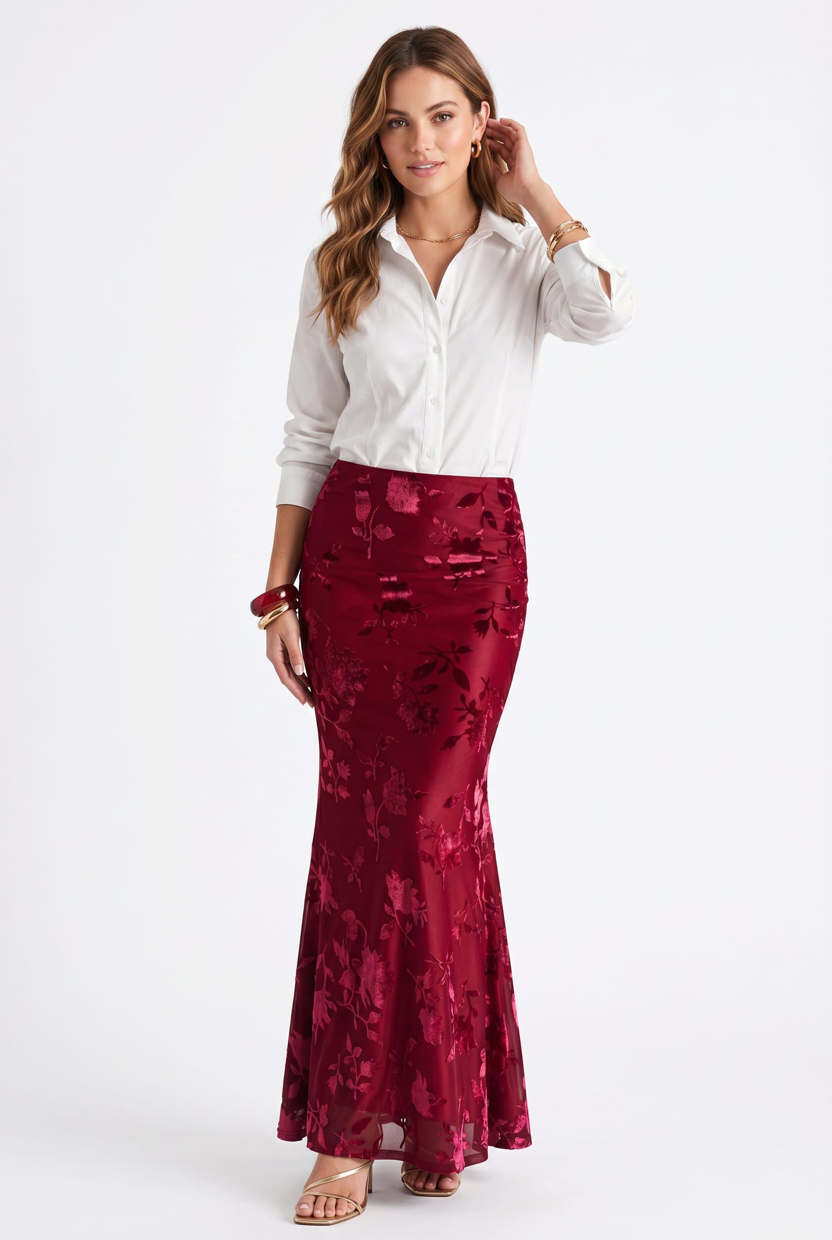 Burgundy Floral Jacquard Maxi Skirt
