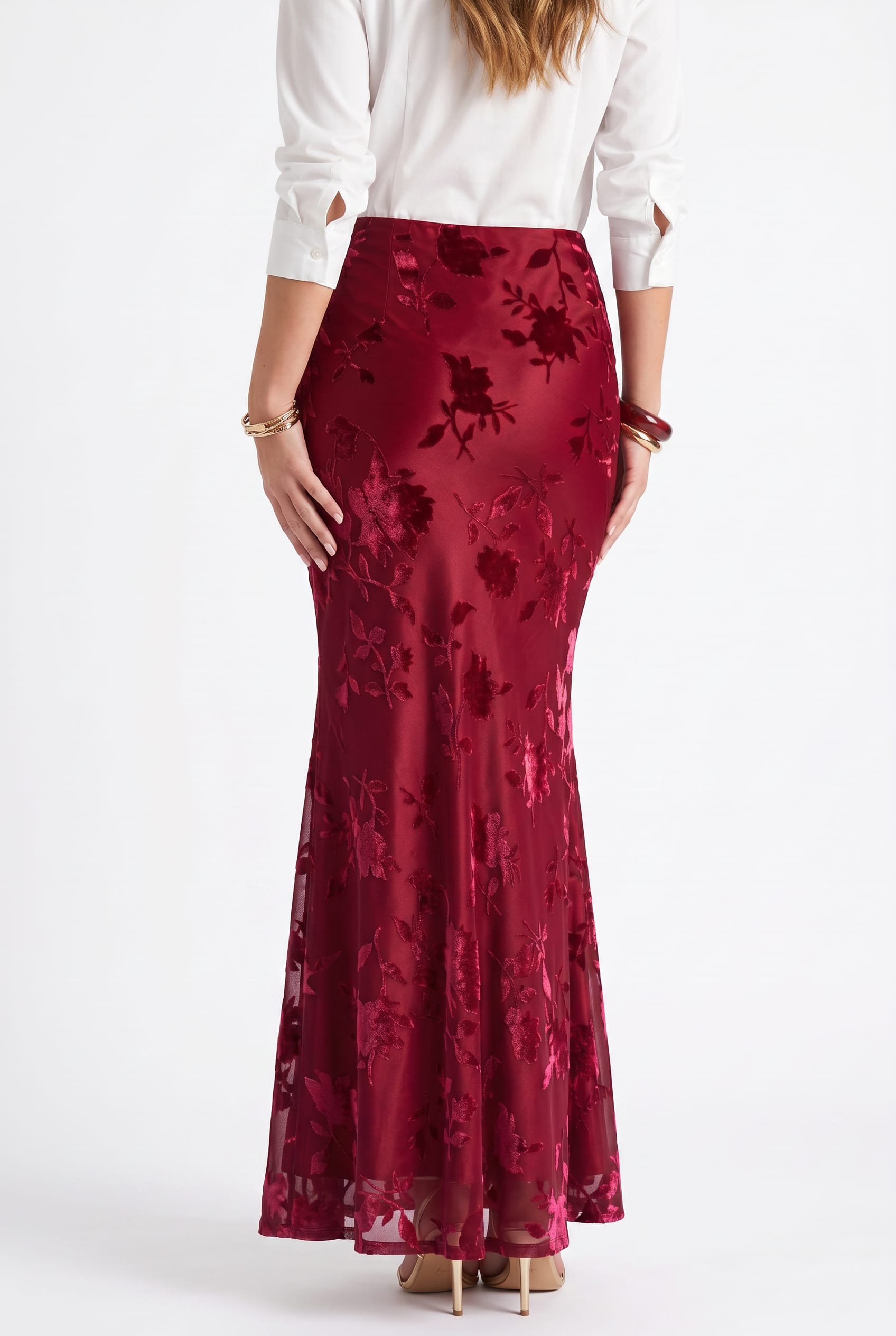 Burgundy Floral Jacquard Maxi Skirt
