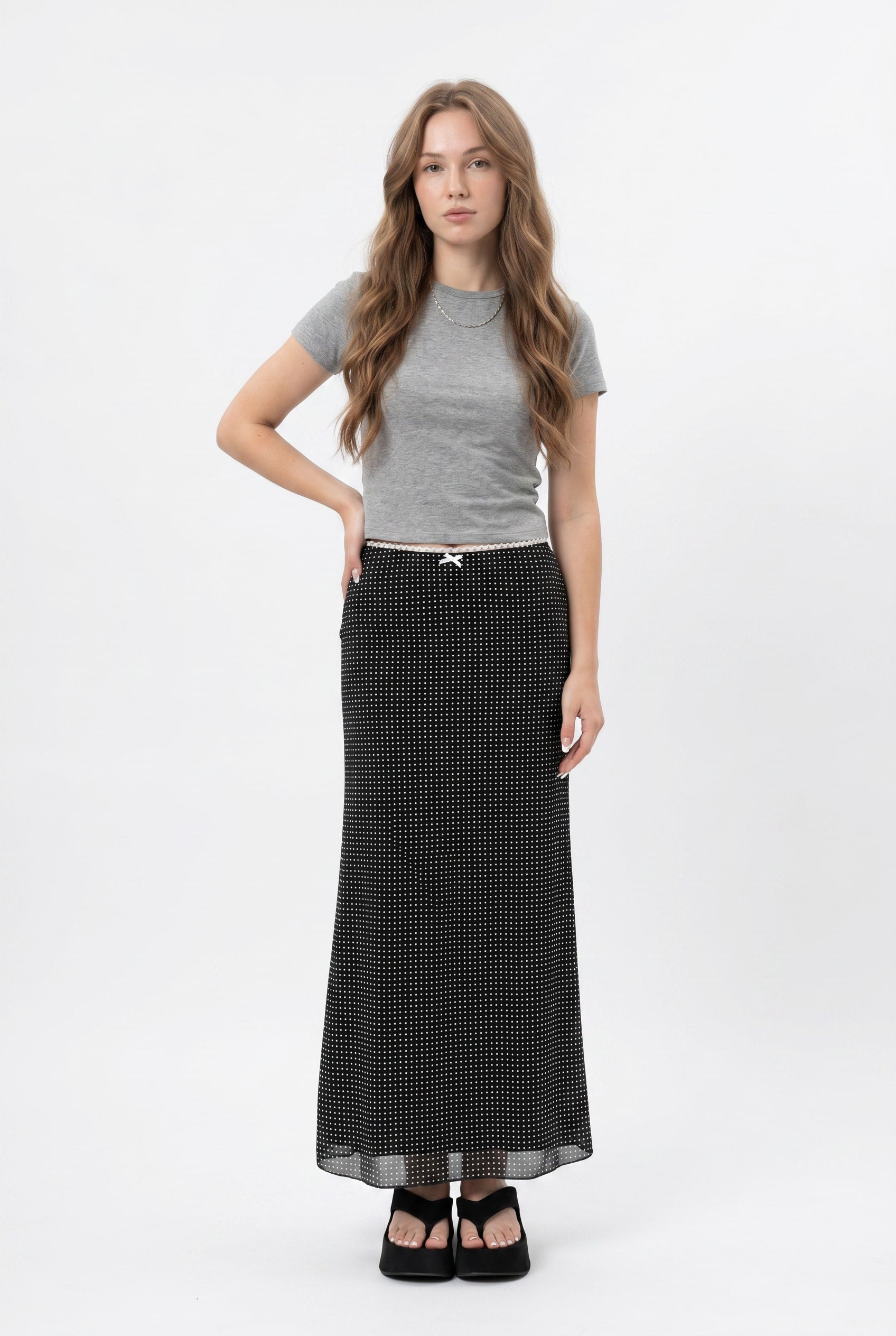 Black Polka Dot Mesh Maxi Skirt