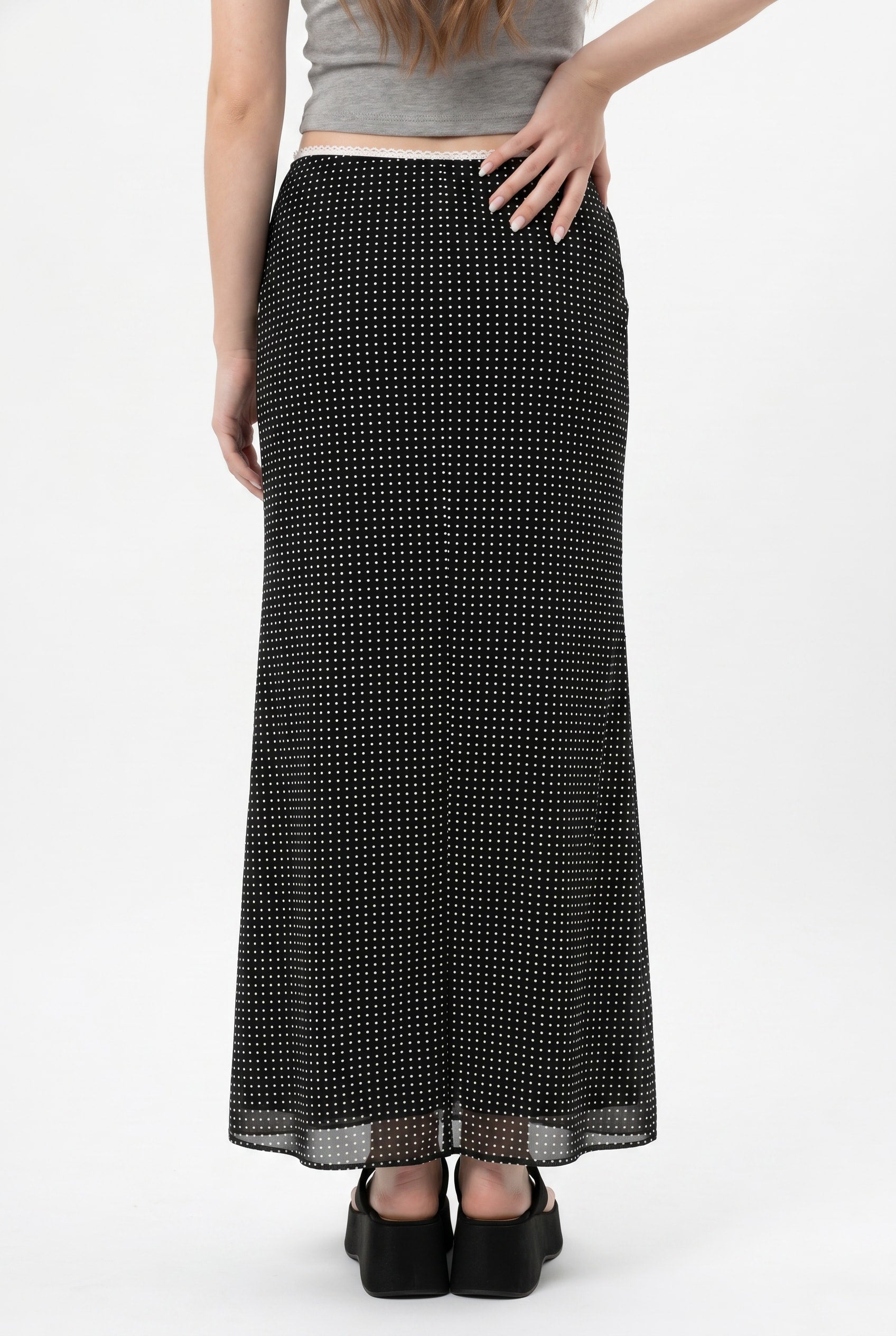 Black Polka Dot Mesh Maxi Skirt