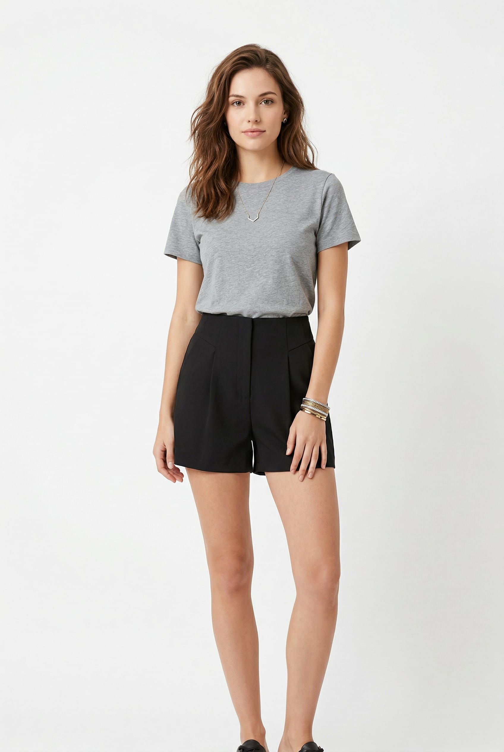 Black Tailored Pleated High-Waist Shorts
