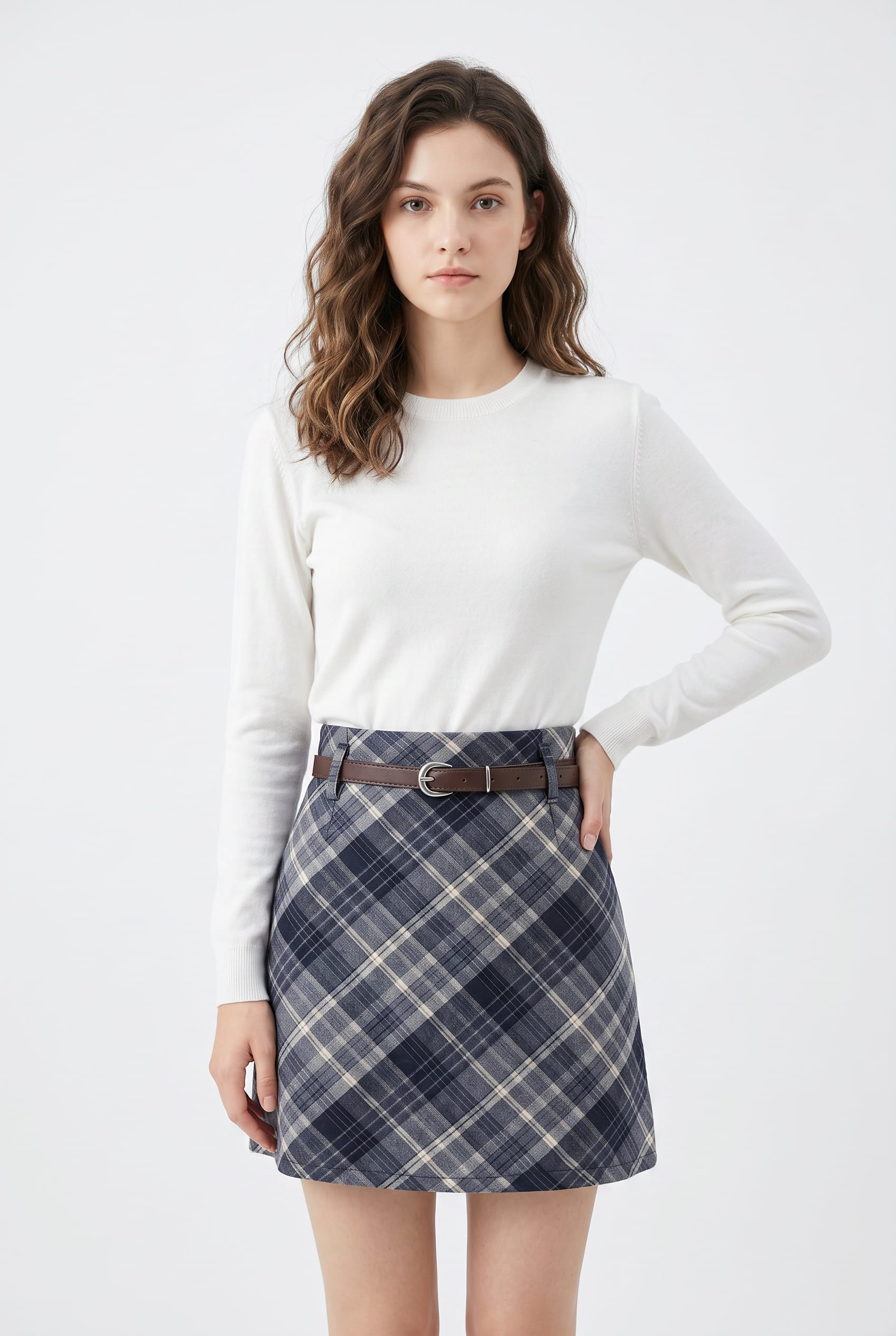 Navy Plaid Mini Skirt with Belt