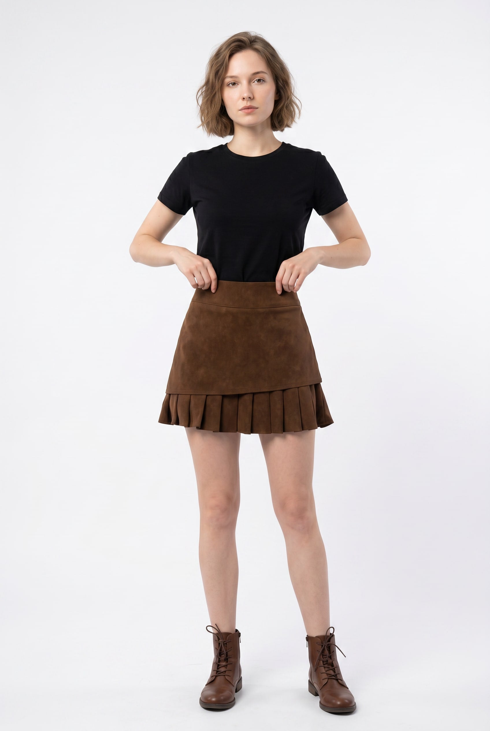 Brown Suede Effect Pleated Mini Skirt