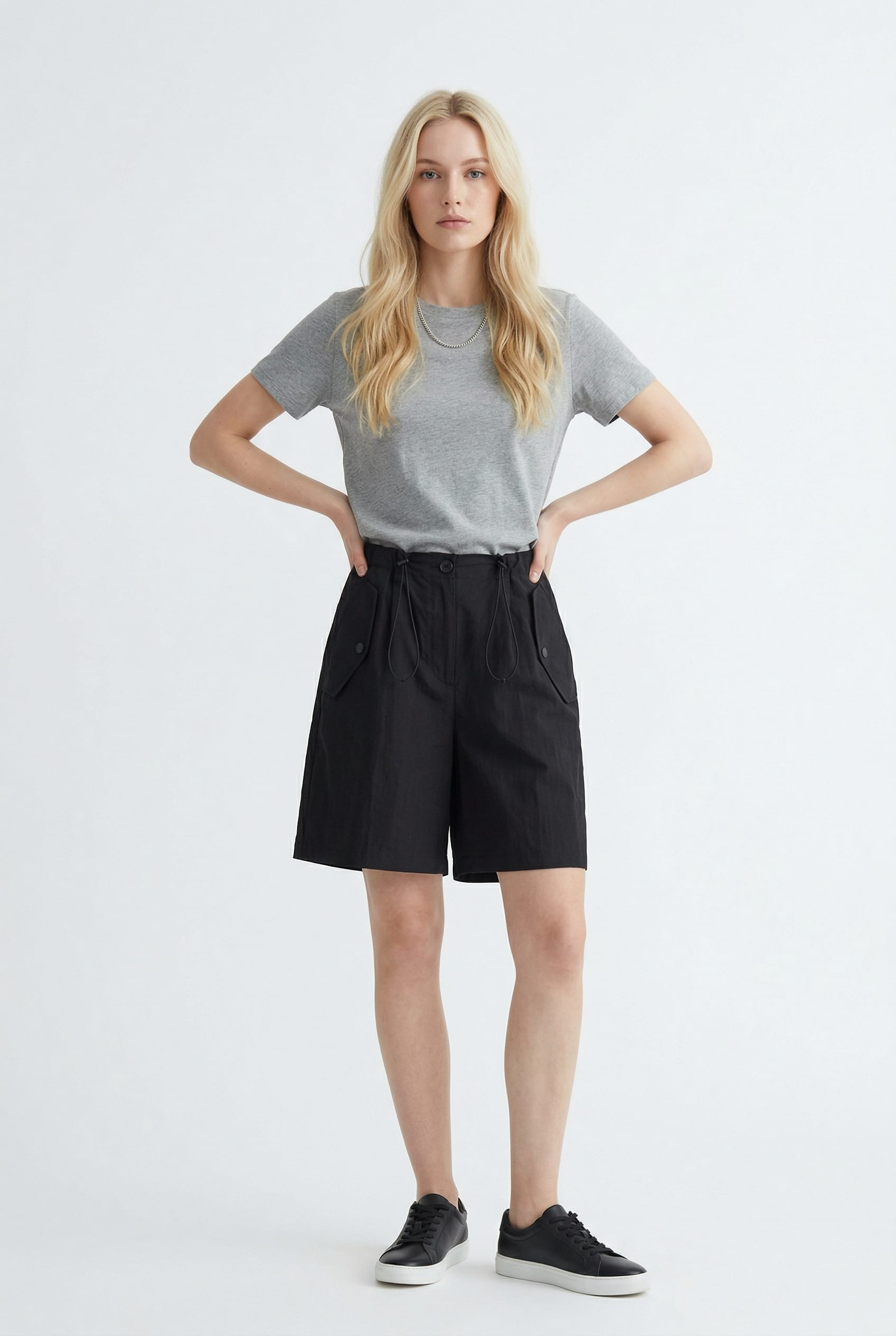 Black Pleated High-Waist Tailored Shorts