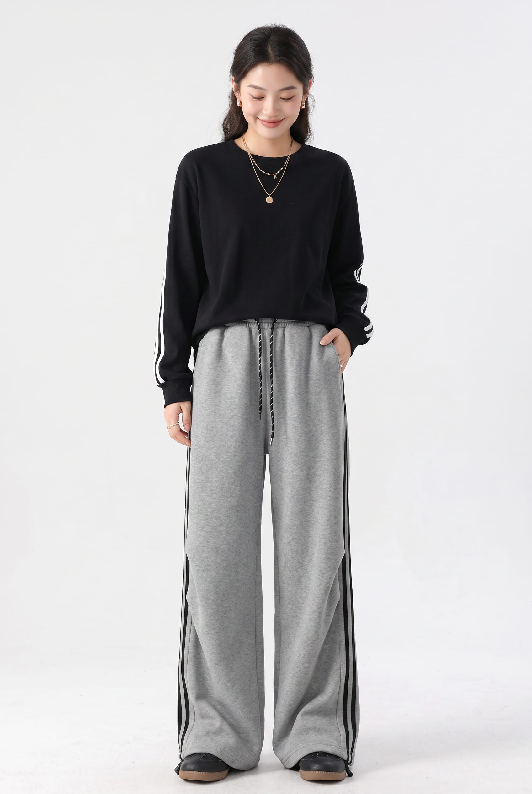 Grey Wide-Leg Track Pants with Stripes
