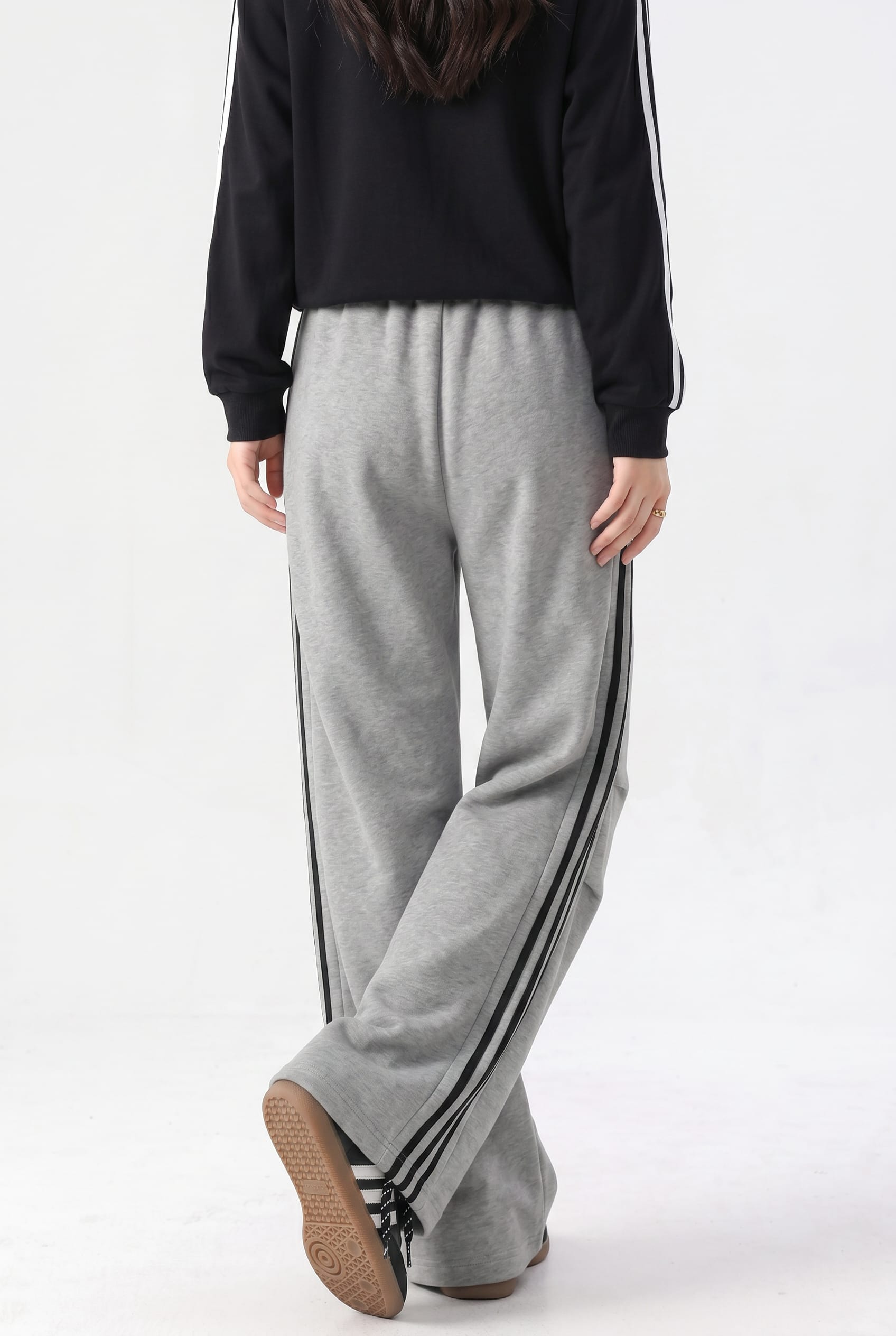 Grey Wide-Leg Track Pants with Stripes