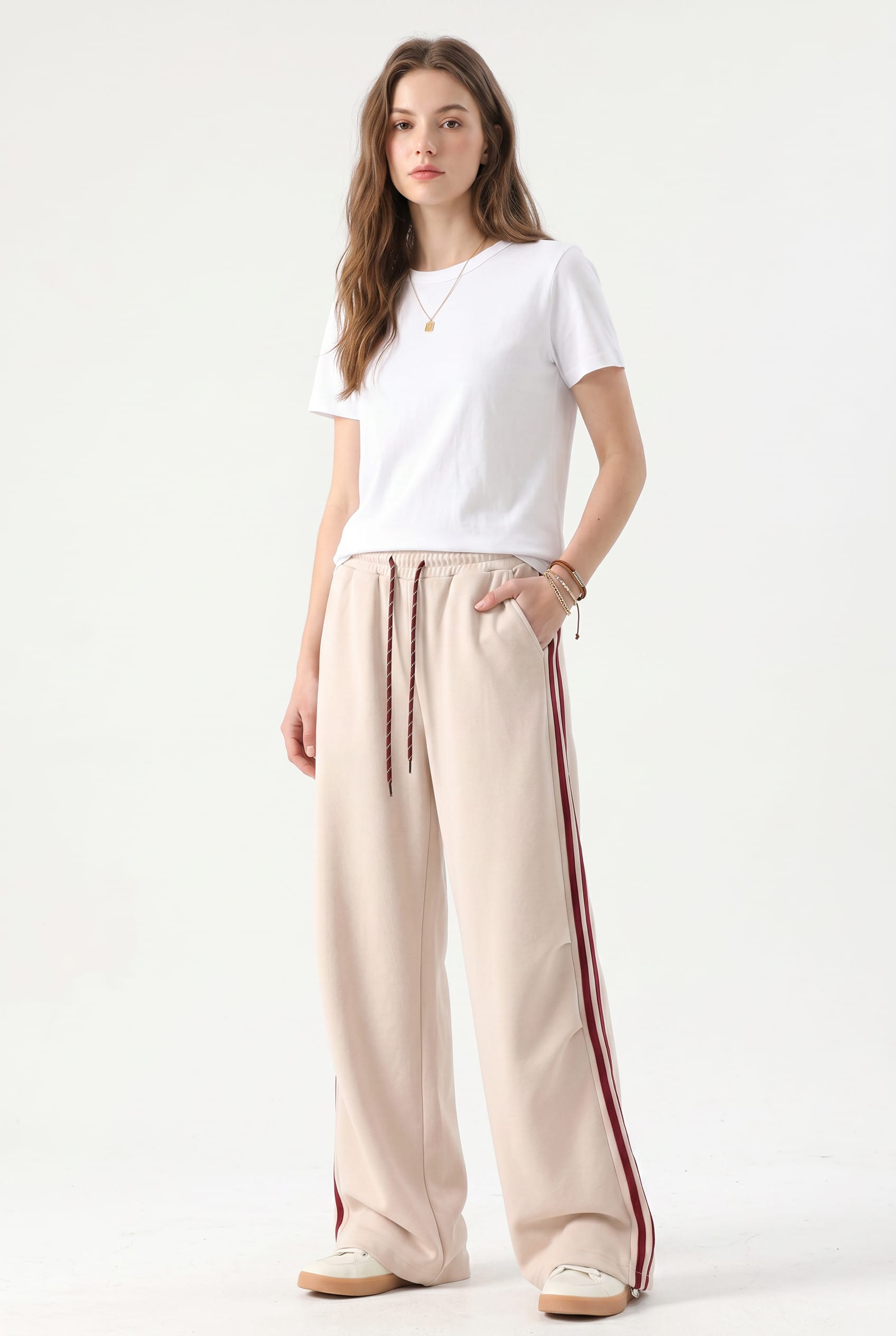 Beige Wide Leg Track Joggers