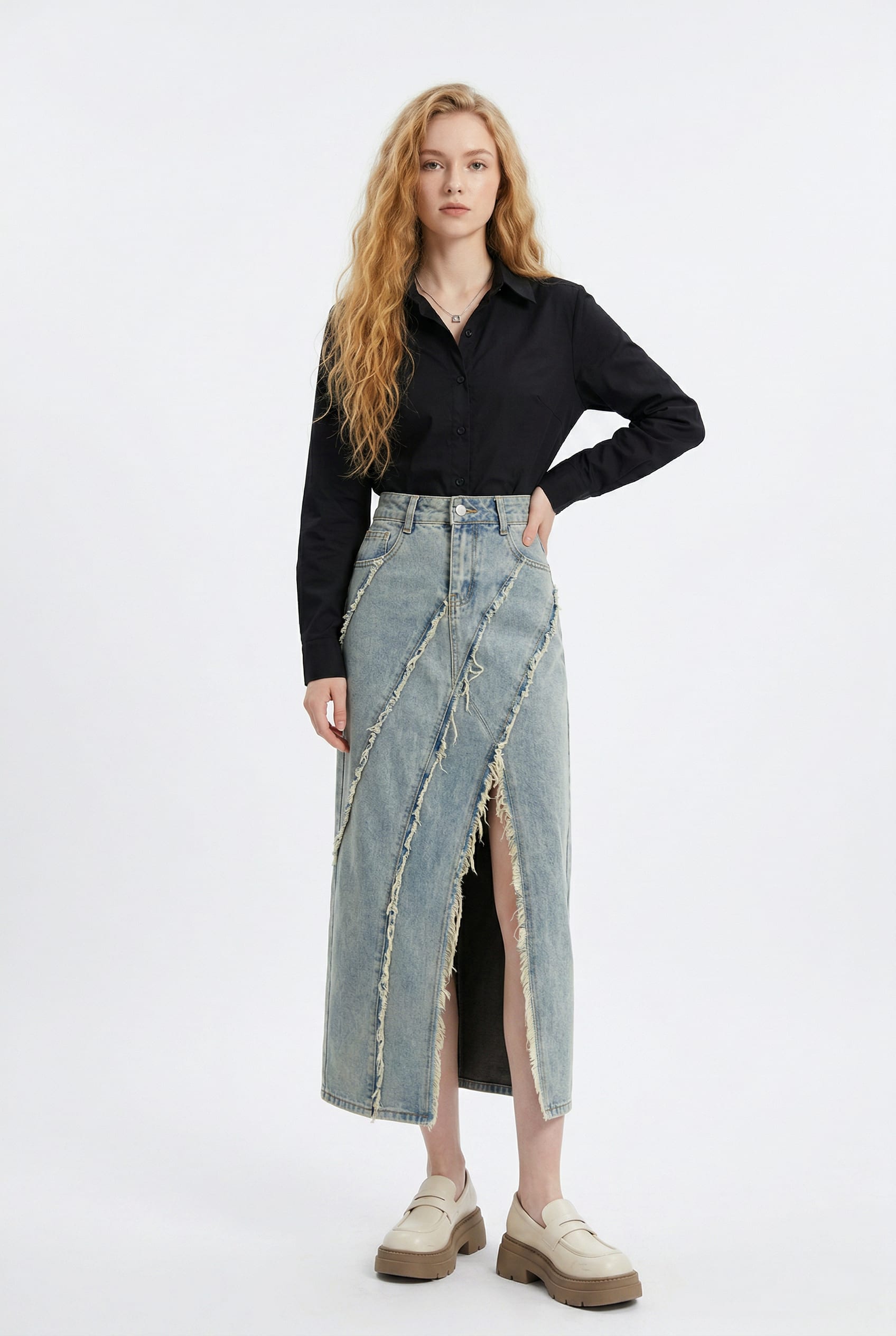 Light Wash Frayed Seam Denim Maxi Skirt