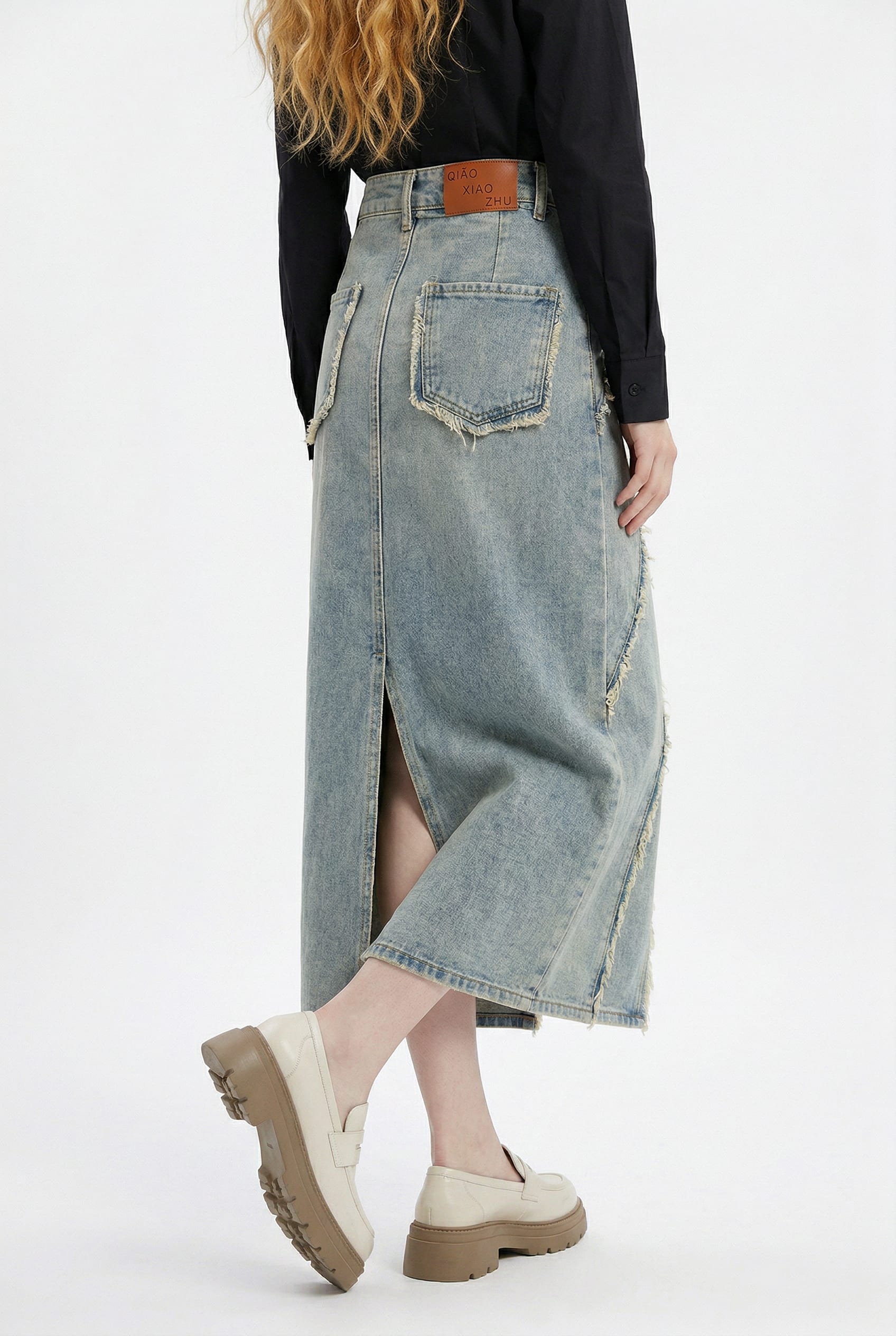 Light Wash Frayed Seam Denim Maxi Skirt
