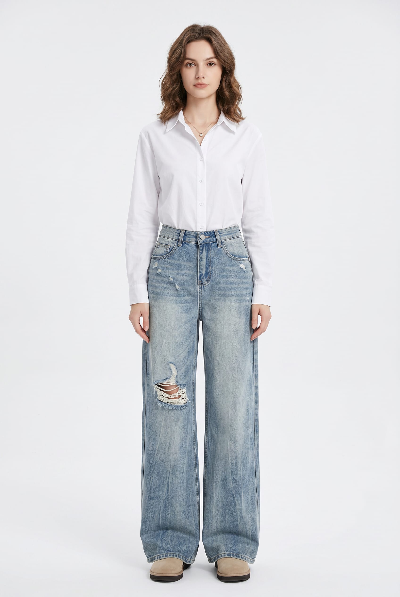 Light Blue Distressed Wide Leg Denim Jeans