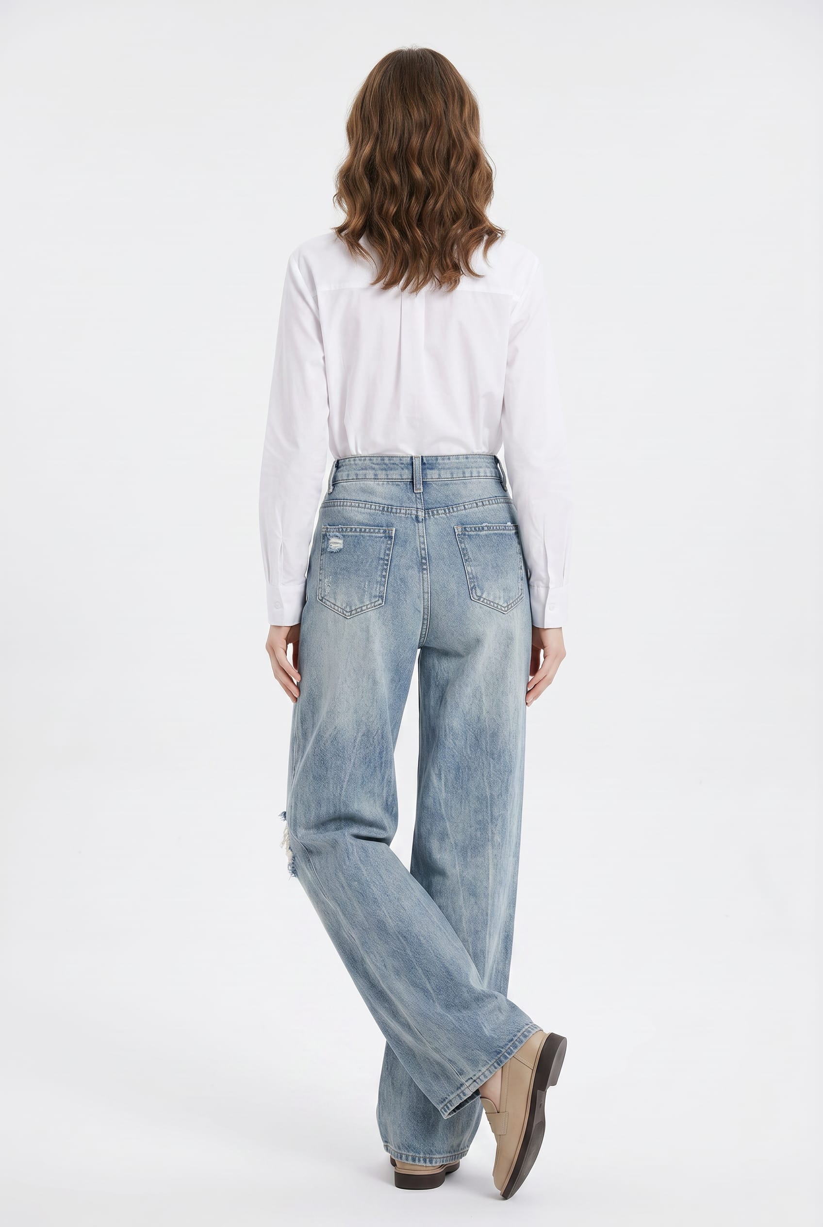Light Blue Distressed Wide Leg Denim Jeans
