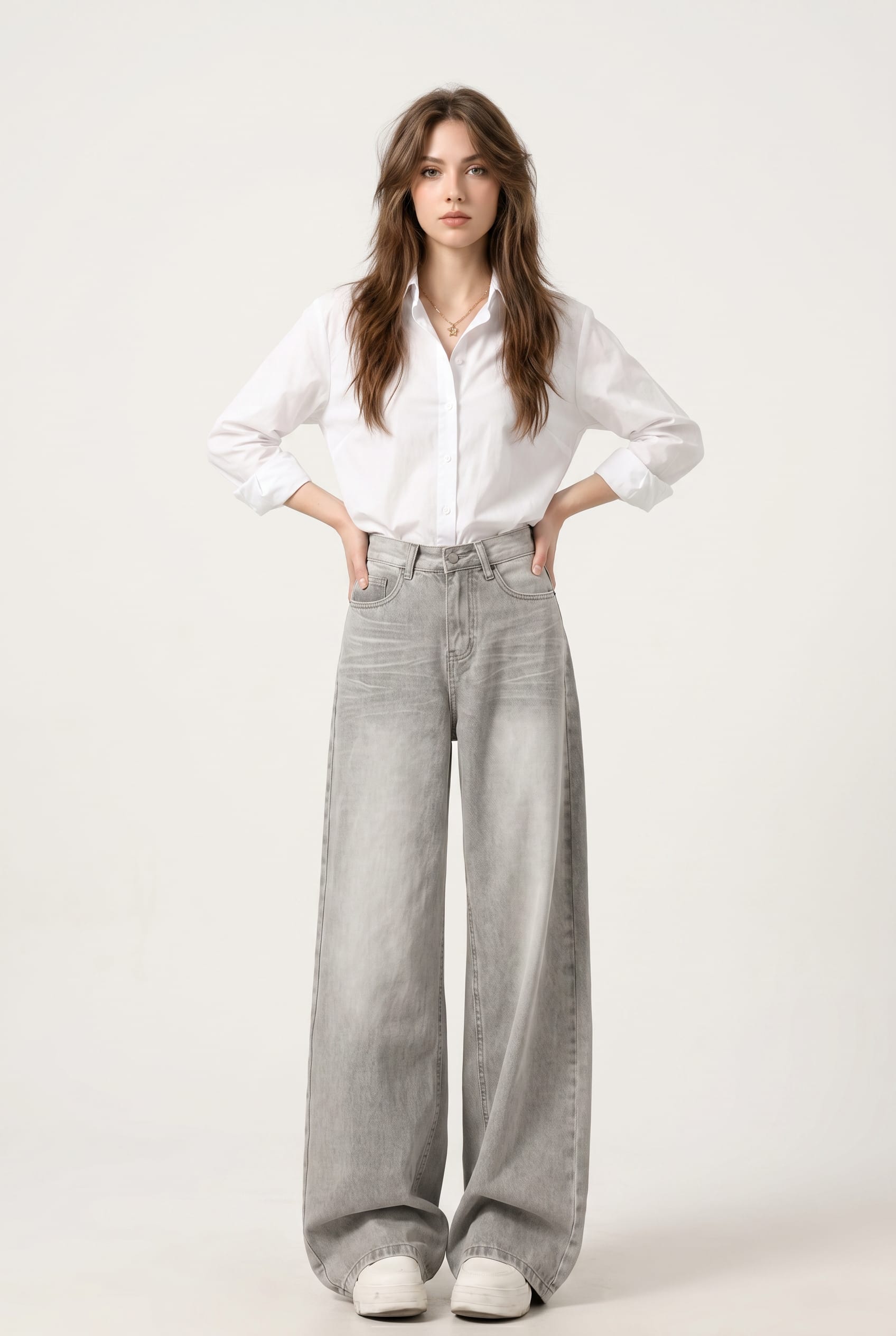 Grey Washed Wide Leg Denim Jeans