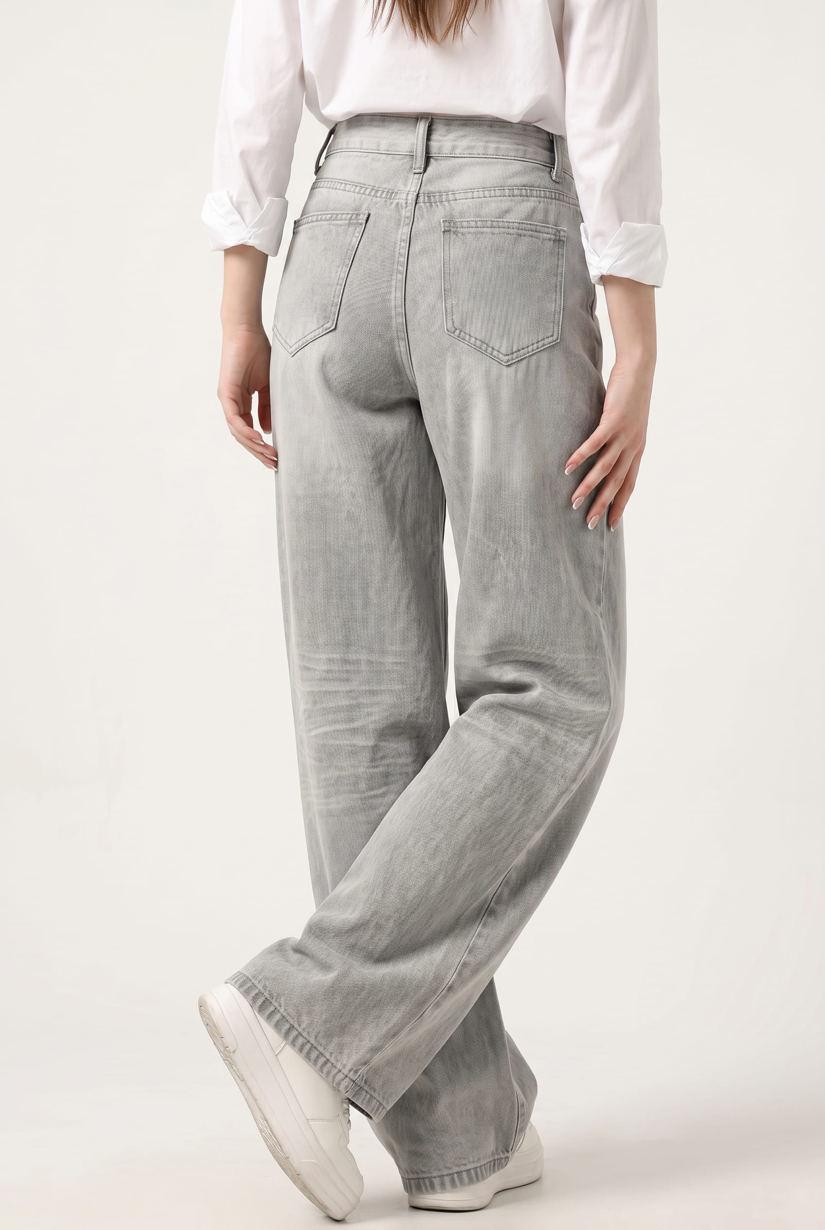 Grey Washed Wide Leg Denim Jeans