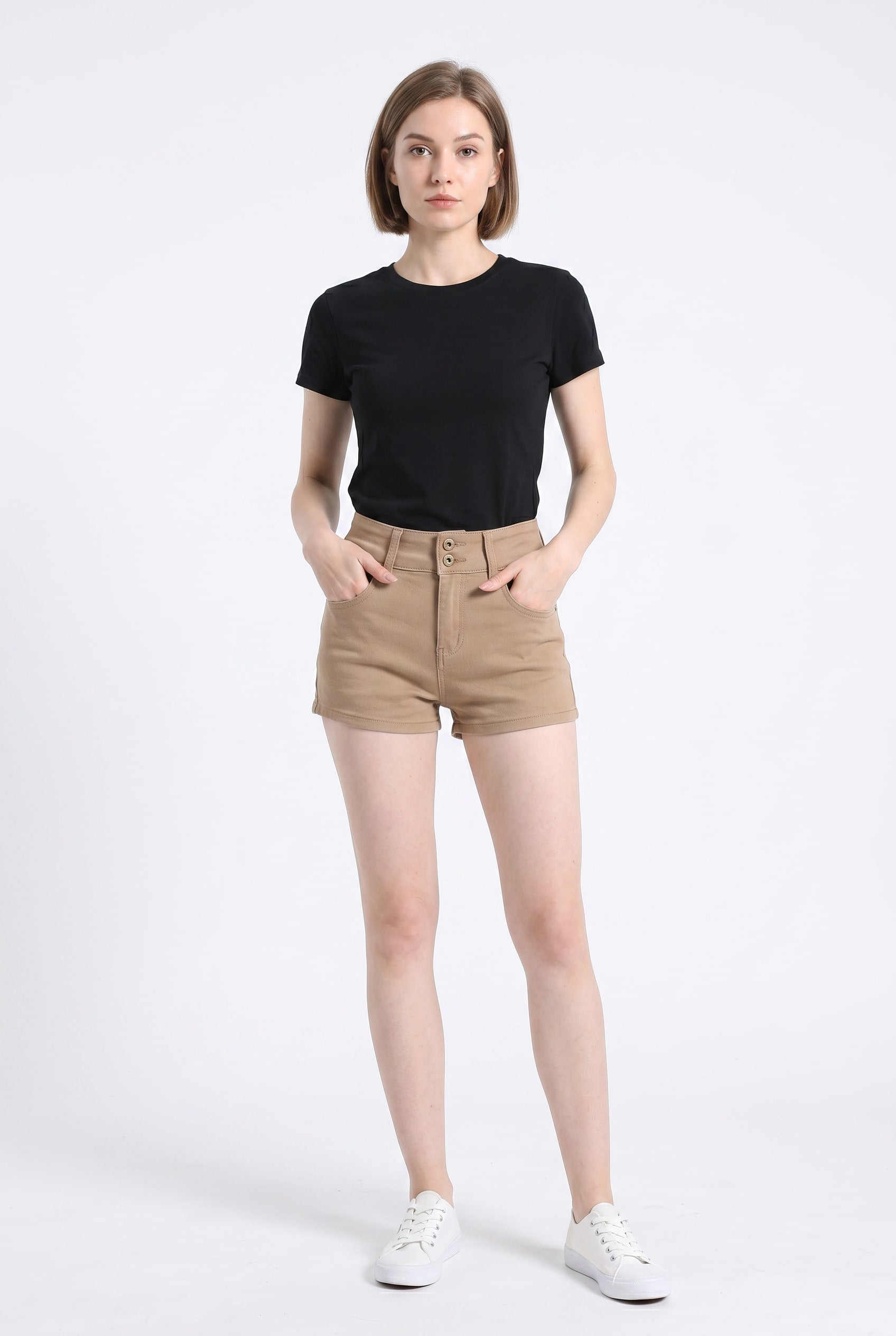 Beige High-Waist Double Button Shorts