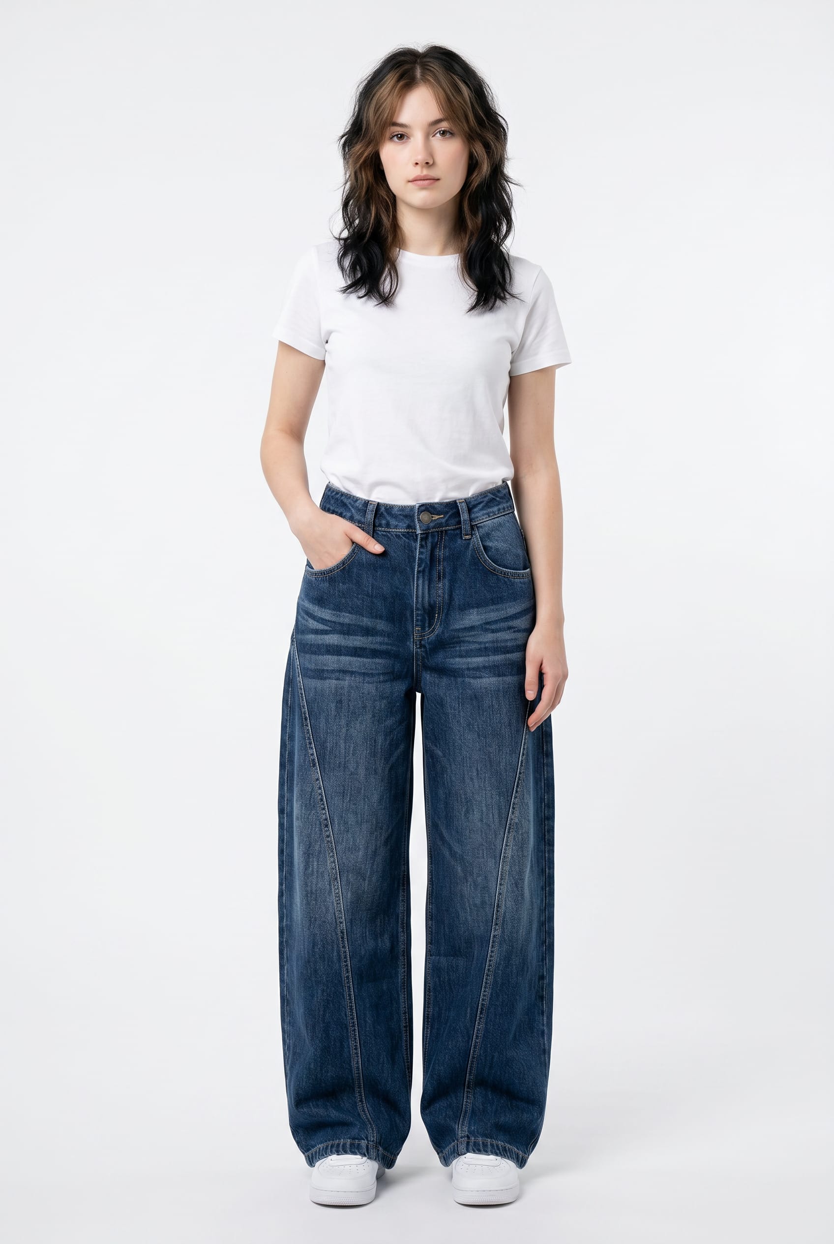 Mid-Blue Wide Leg Denim Jeans