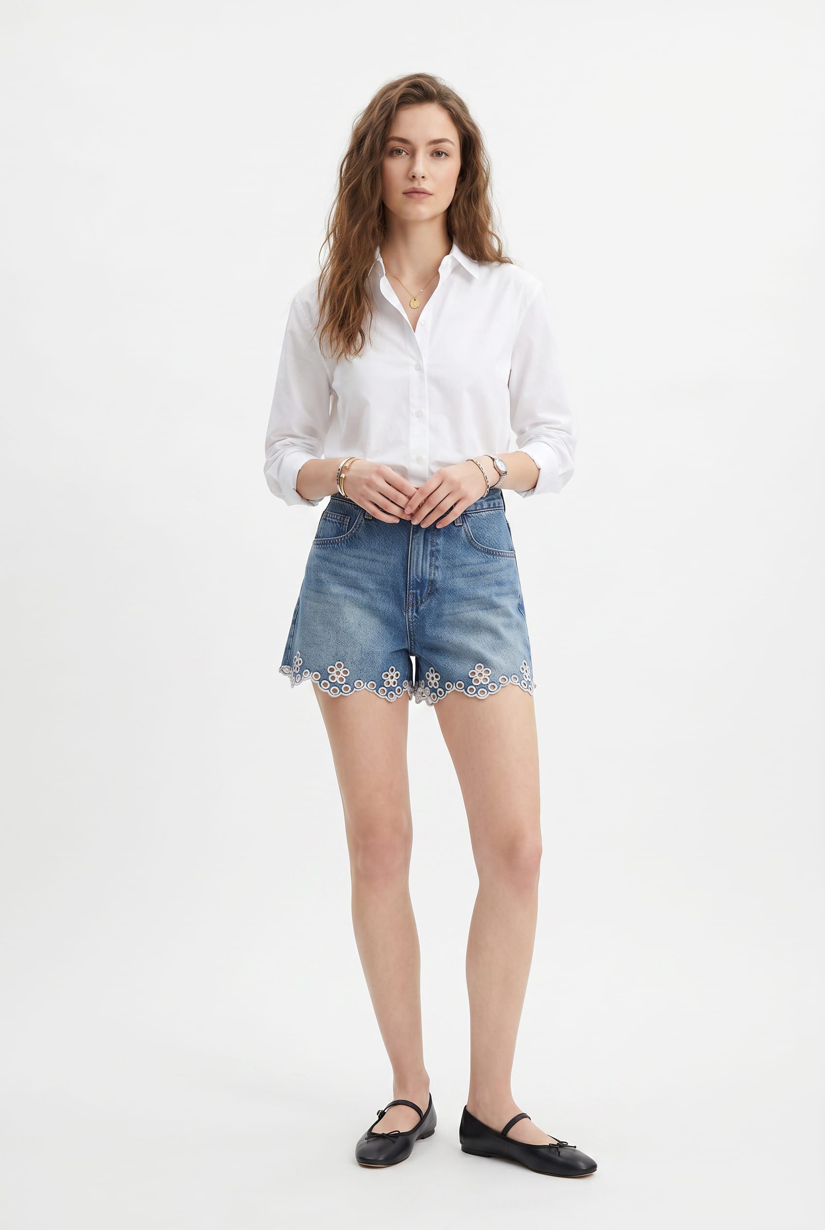 Blue Denim Scalloped Eyelet Hem Shorts