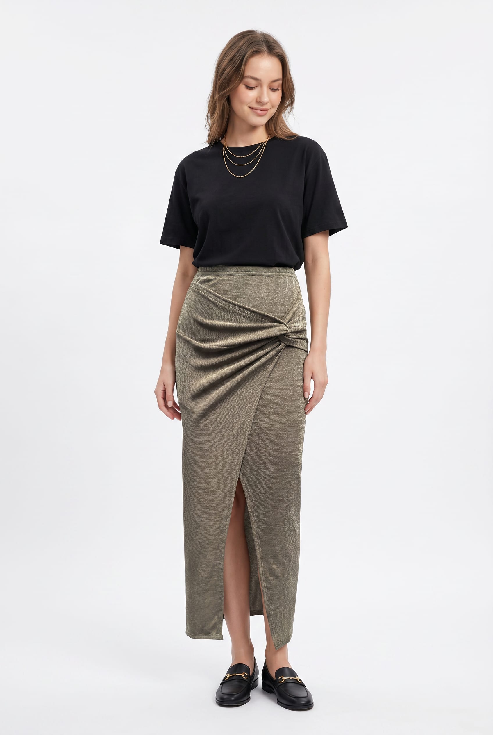 Olive Metallic Ruched Maxi Skirt