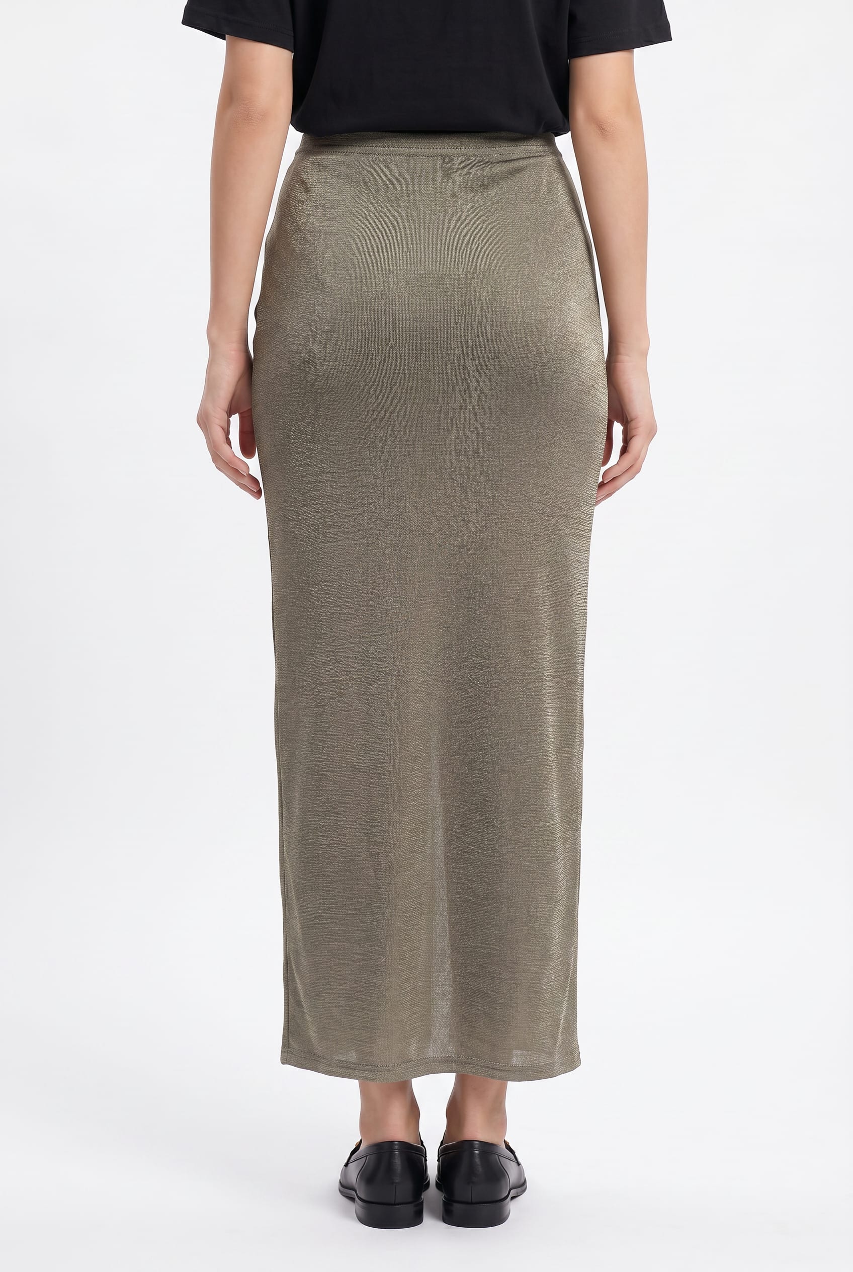 Olive Metallic Ruched Maxi Skirt