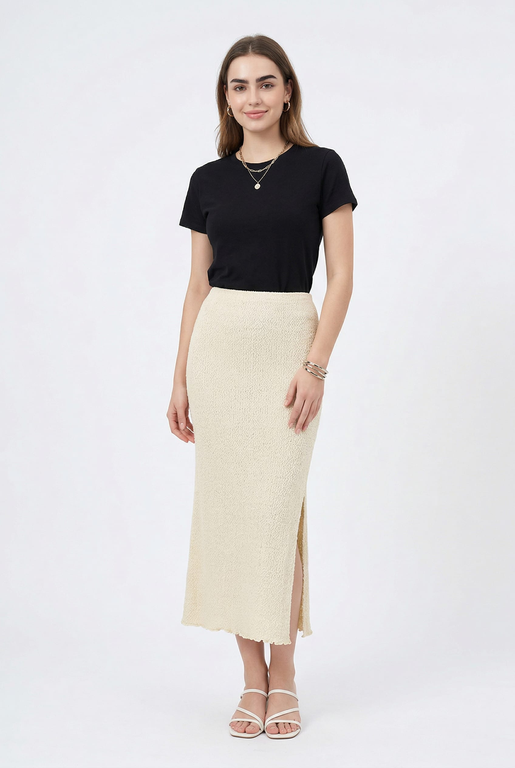 Cream Textured Midi Slip Skirt