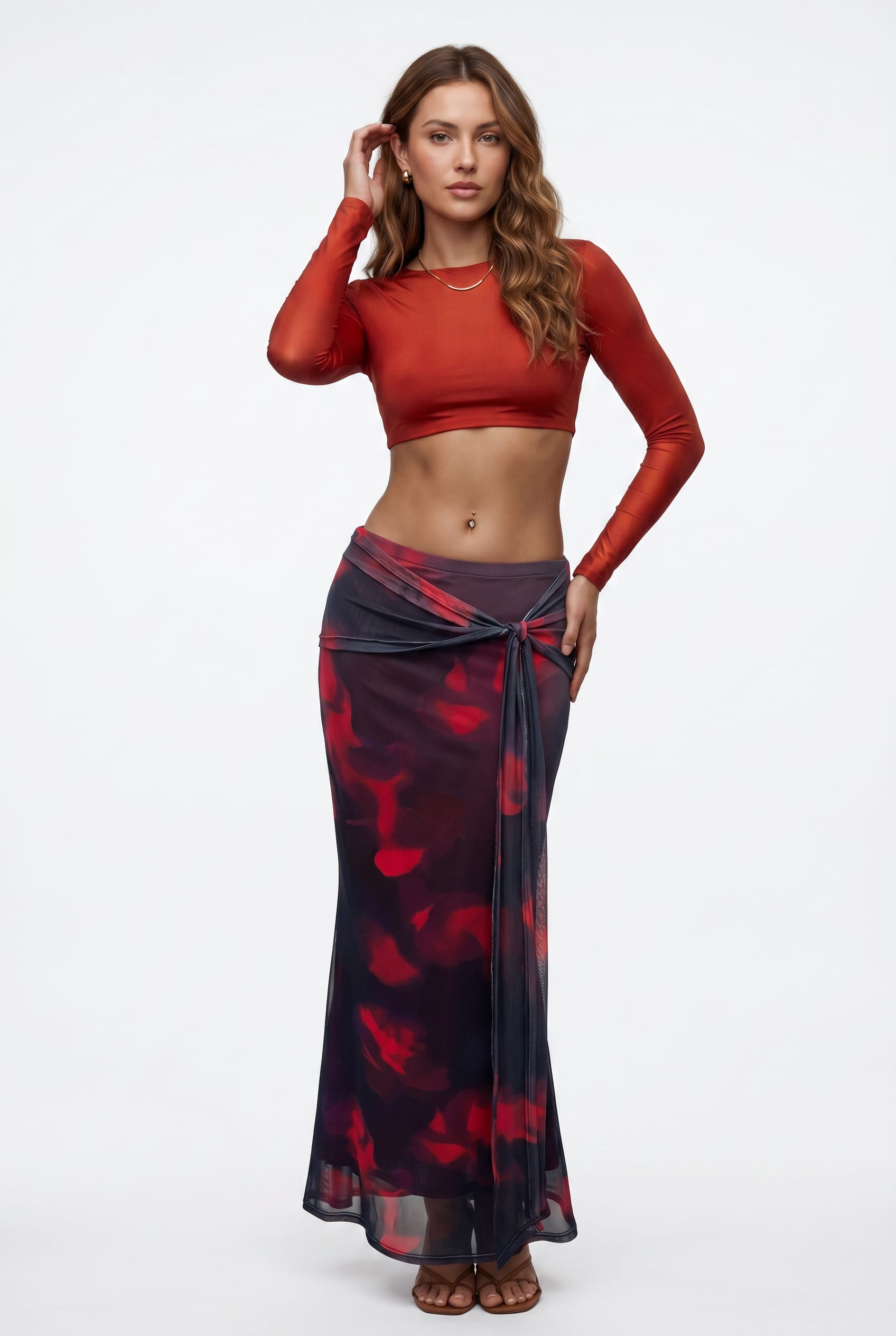 Red Floral Print Wrap Maxi Skirt