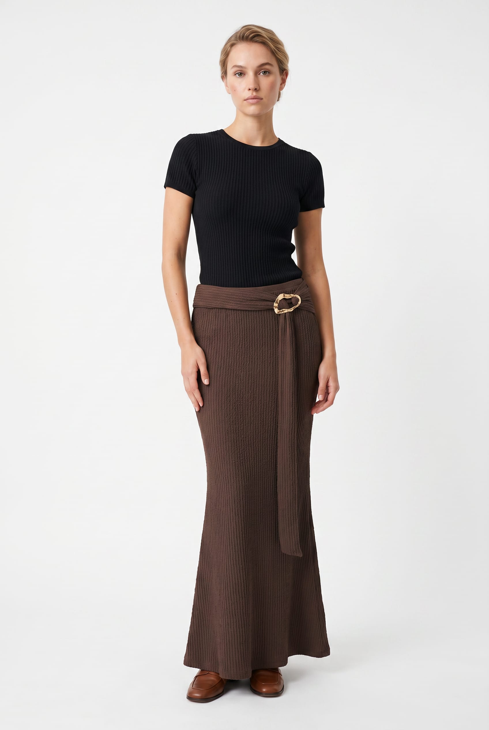 Chocolate Brown Ribbed Maxi Skirt