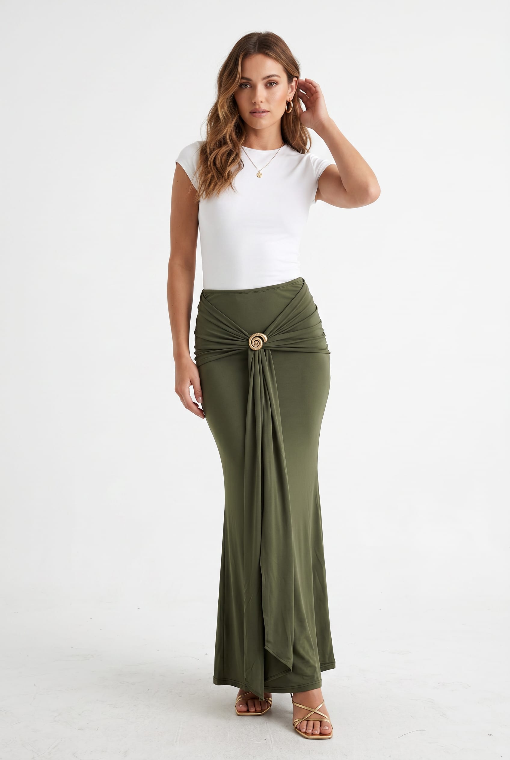 Olive Green Draped Maxi Skirt