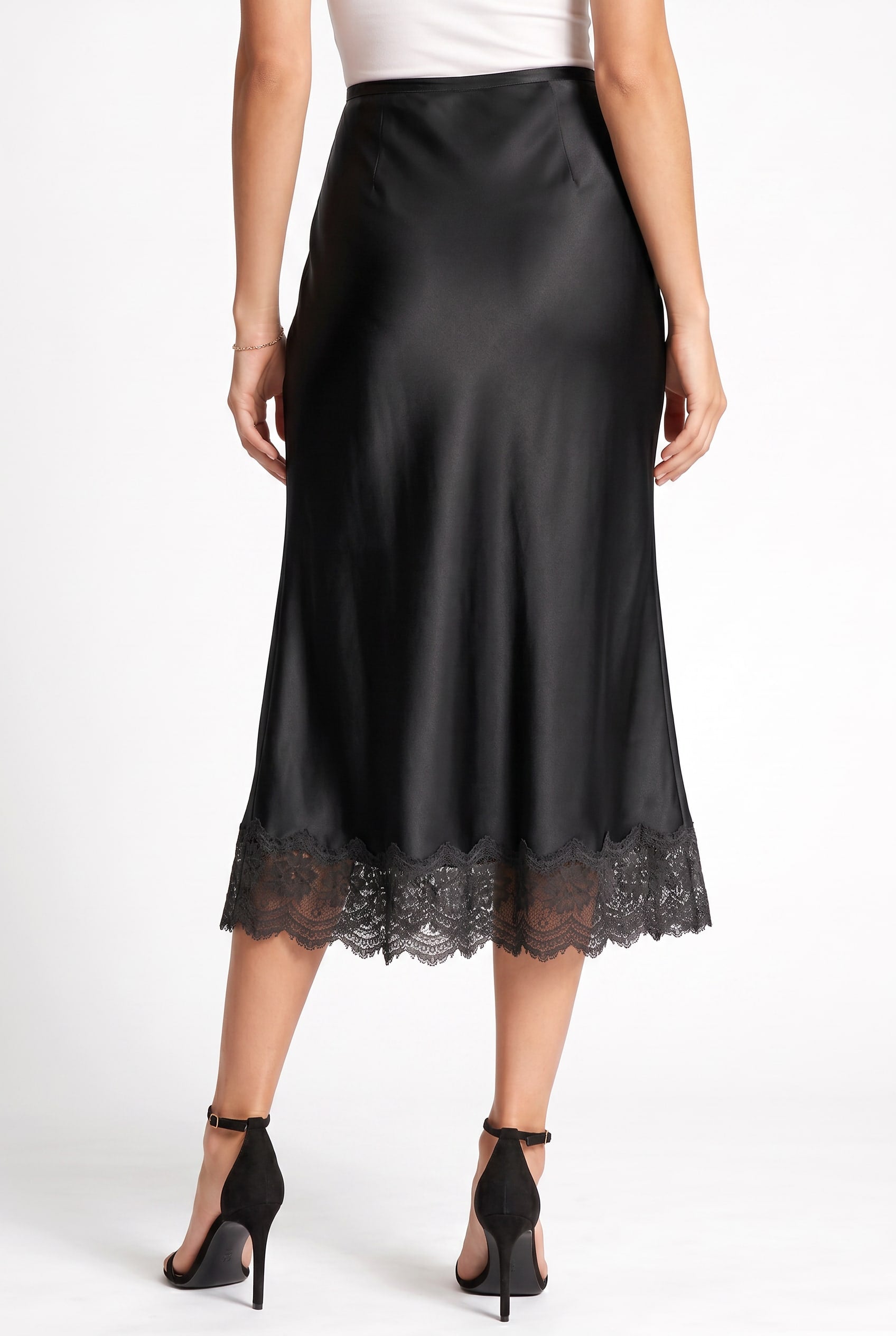 Black Satin Midi Skirt Lace Hem