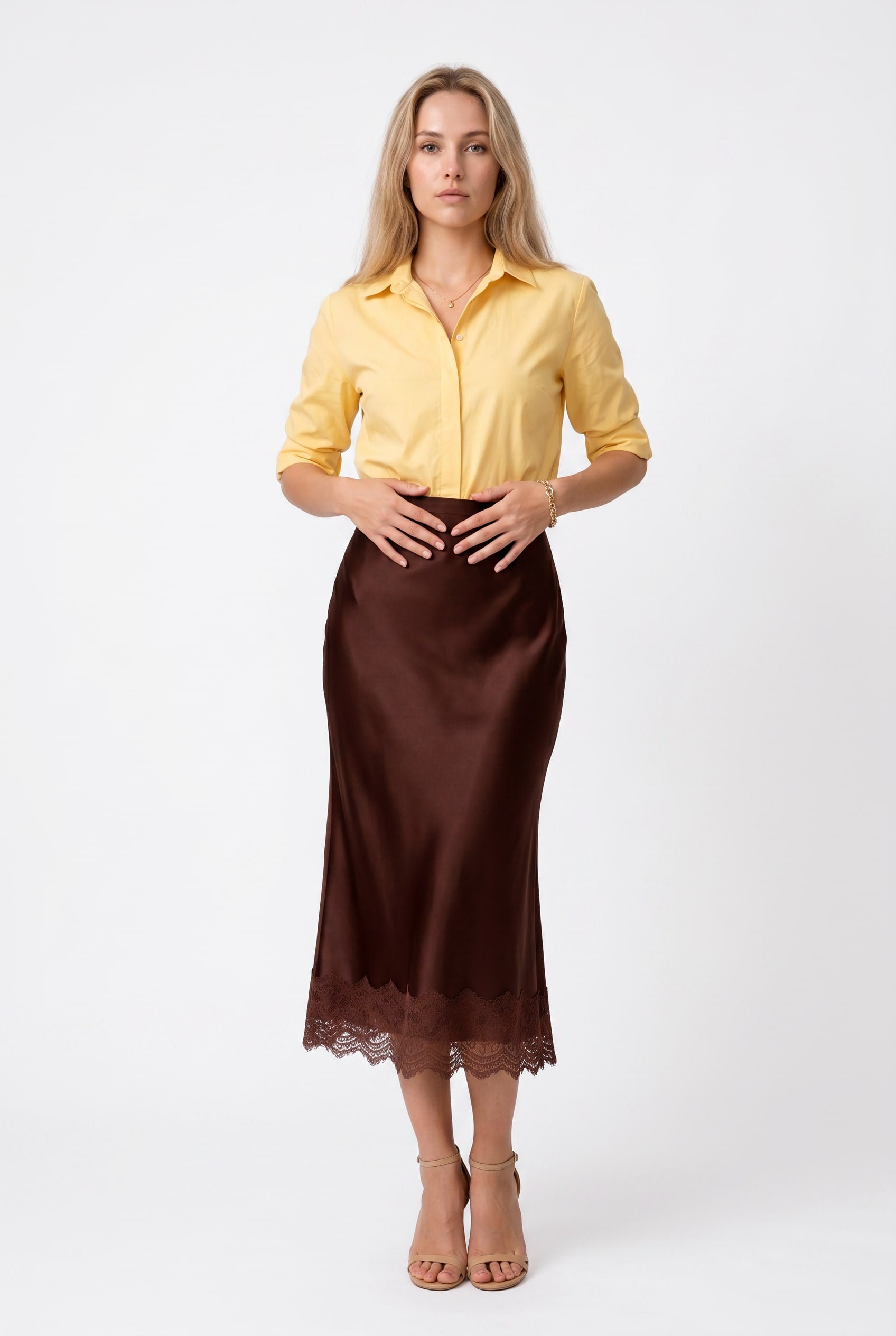 Chocolate Brown Satin Lace-Trim Midi Skirt