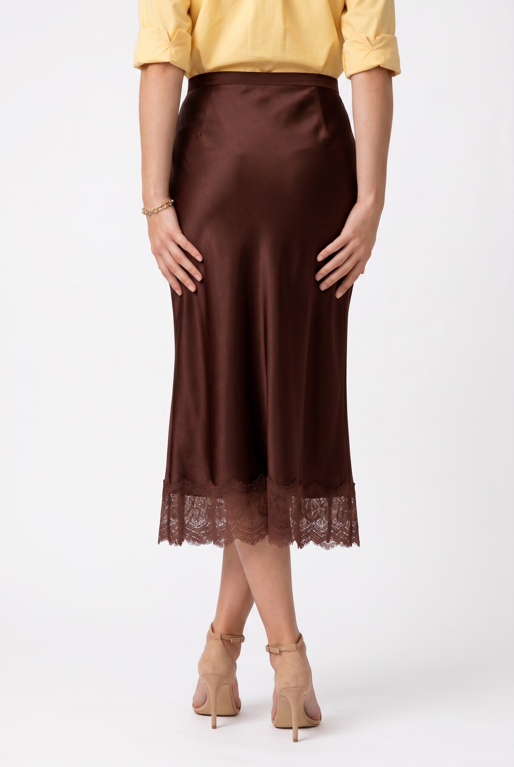 Chocolate Brown Satin Lace-Trim Midi Skirt