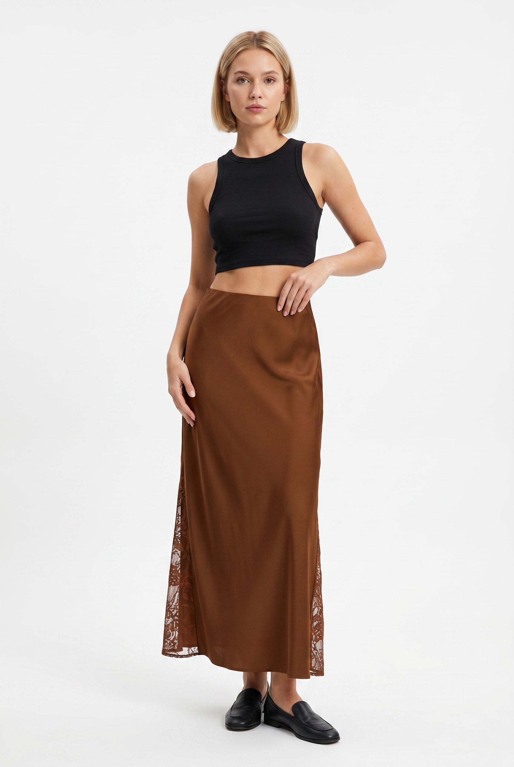 Caramel Satin Lace Panel Maxi Skirt