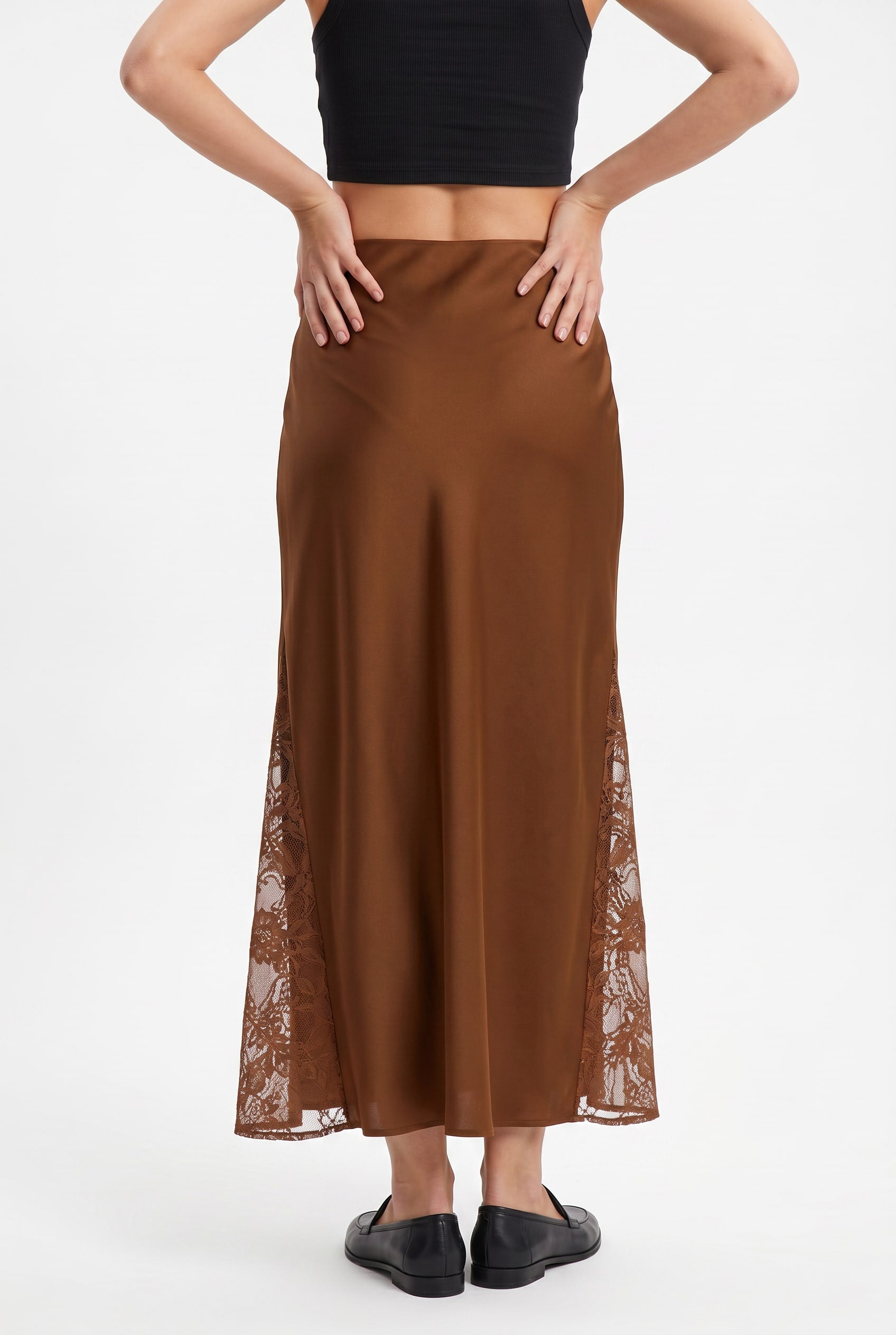 Caramel Satin Lace Panel Maxi Skirt