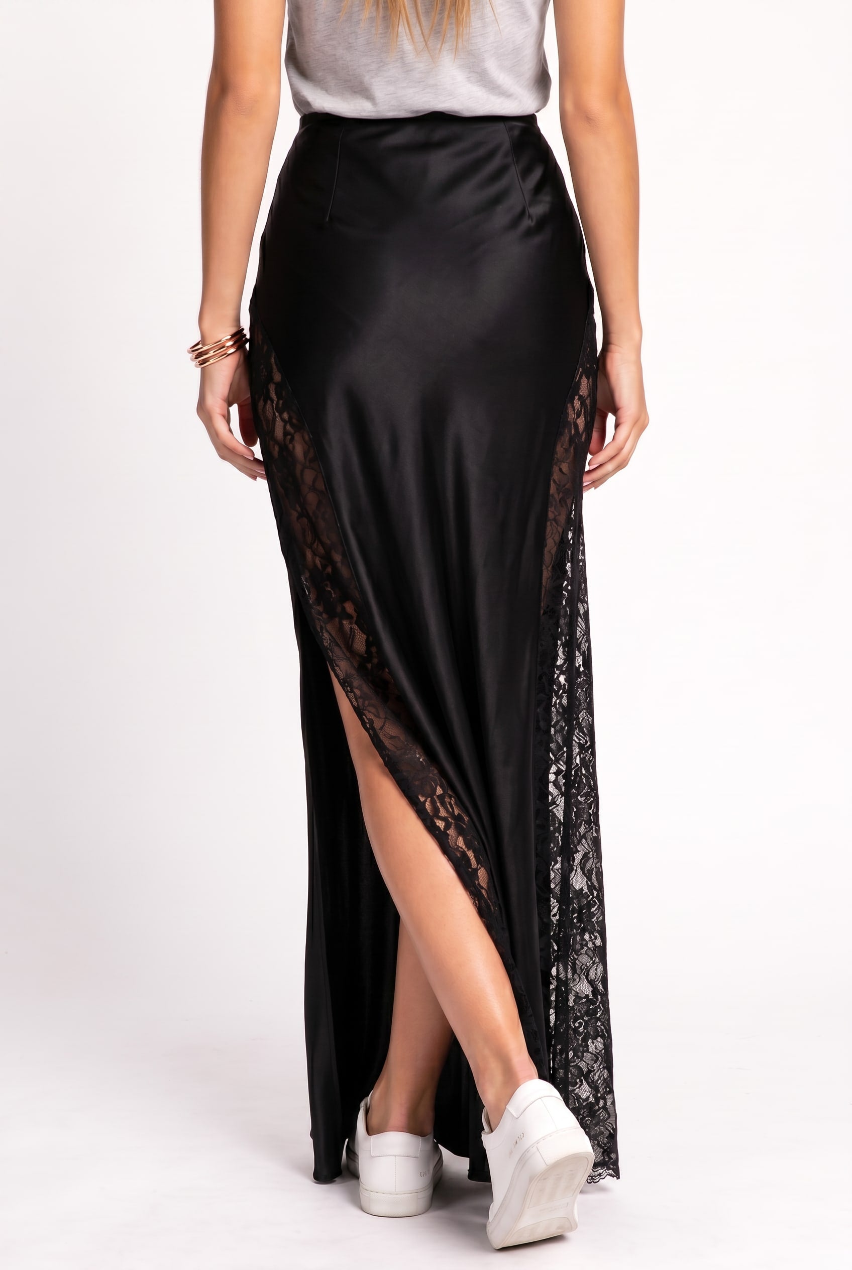 Black Satin Lace-Trim Maxi Skirt