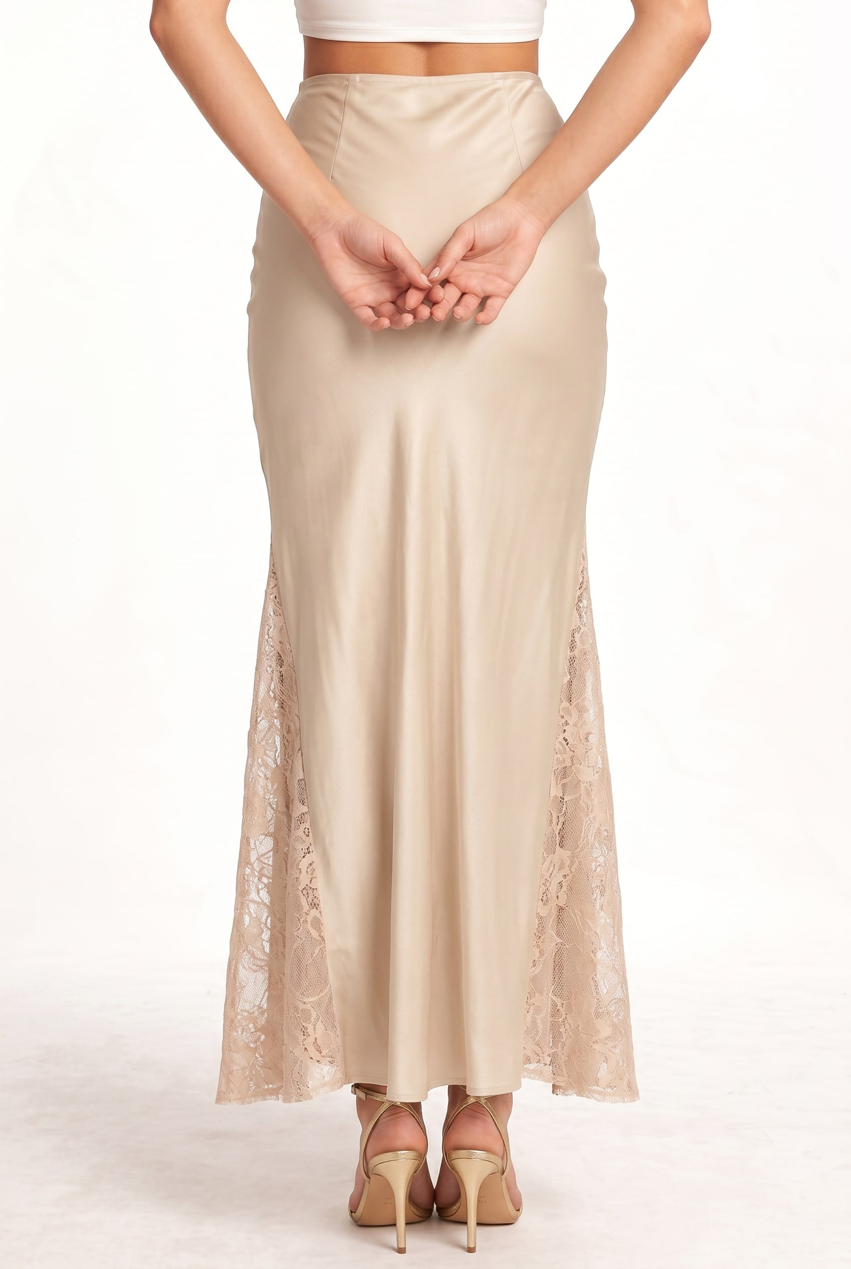 Champagne Satin Lace Panel Maxi Skirt