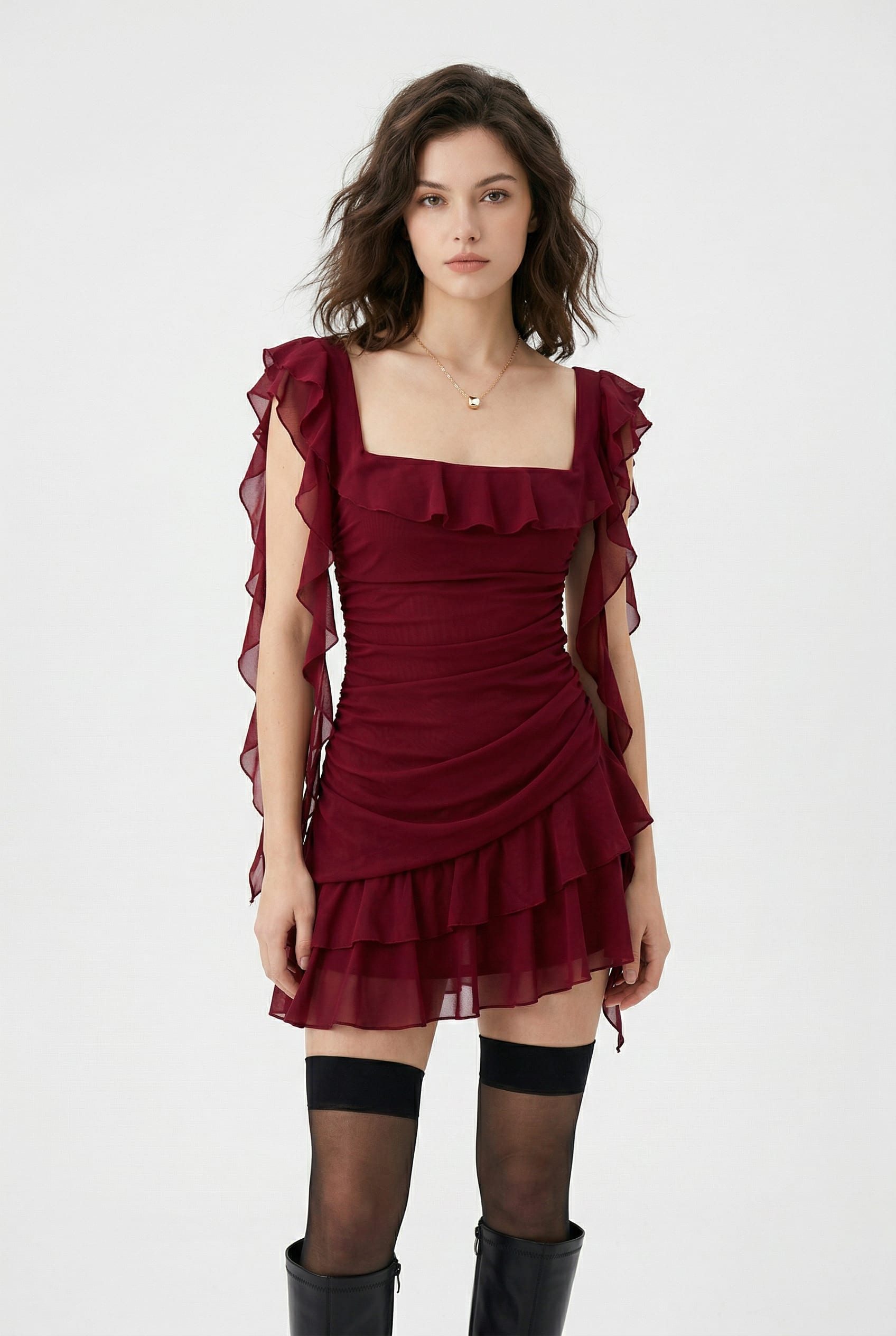 Burgundy Ruffle Detail Mini Dress
