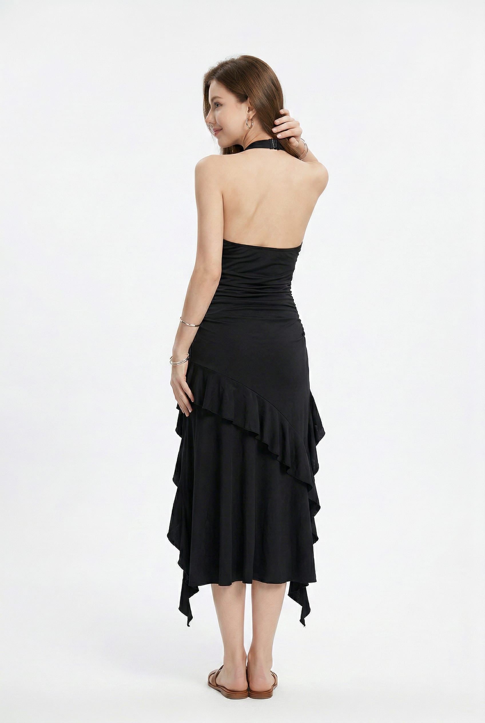 Black Halter Ruched Ruffle Mini Dress
