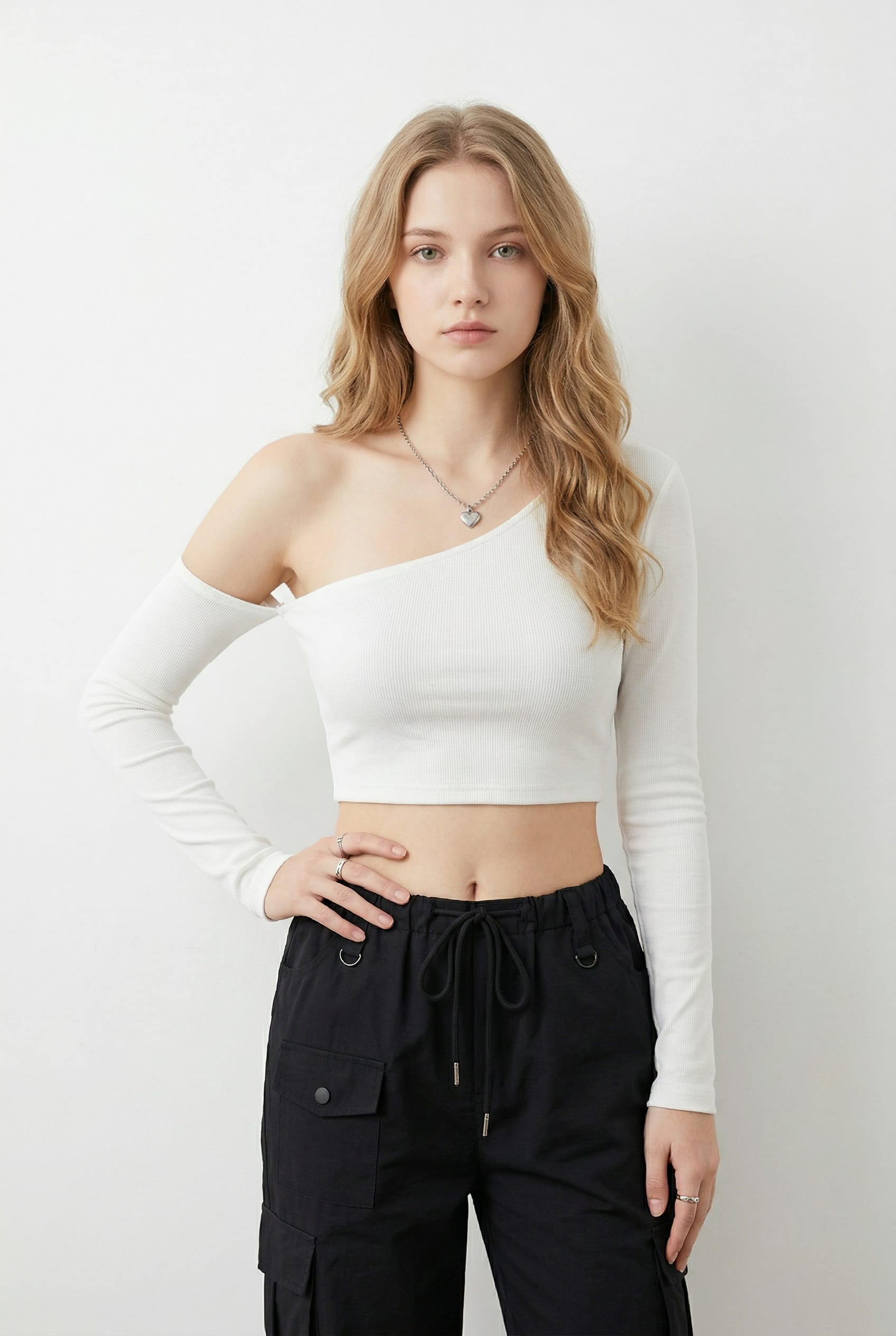 White Asymmetric One-Shoulder Crop Top