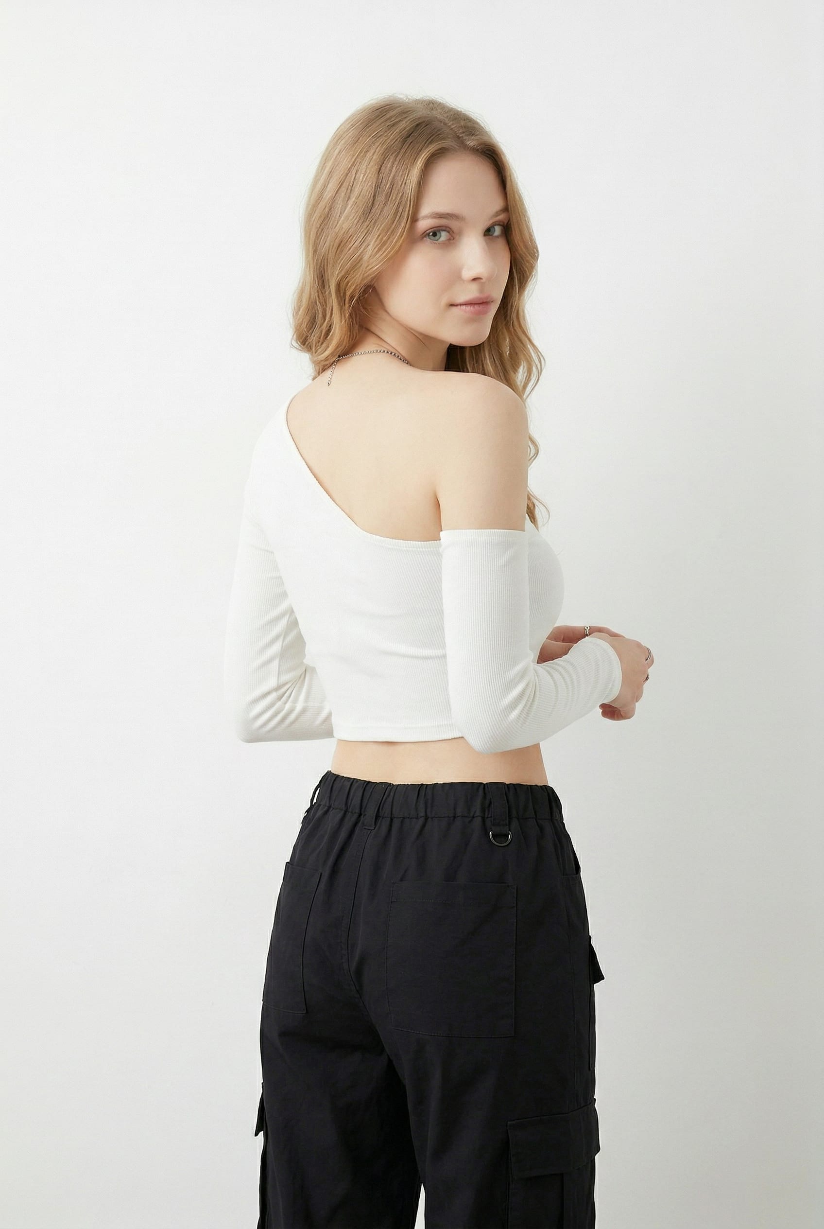 White Asymmetric One-Shoulder Crop Top
