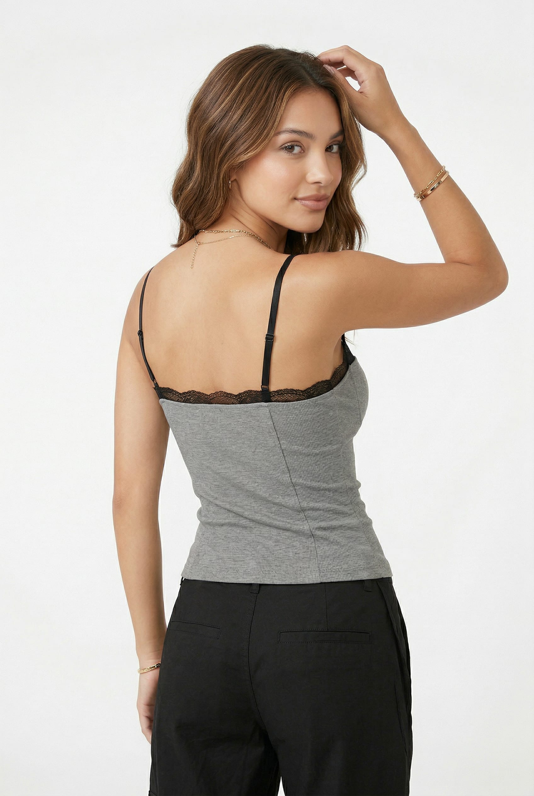 Grey Ribbed Lace Trim Cami