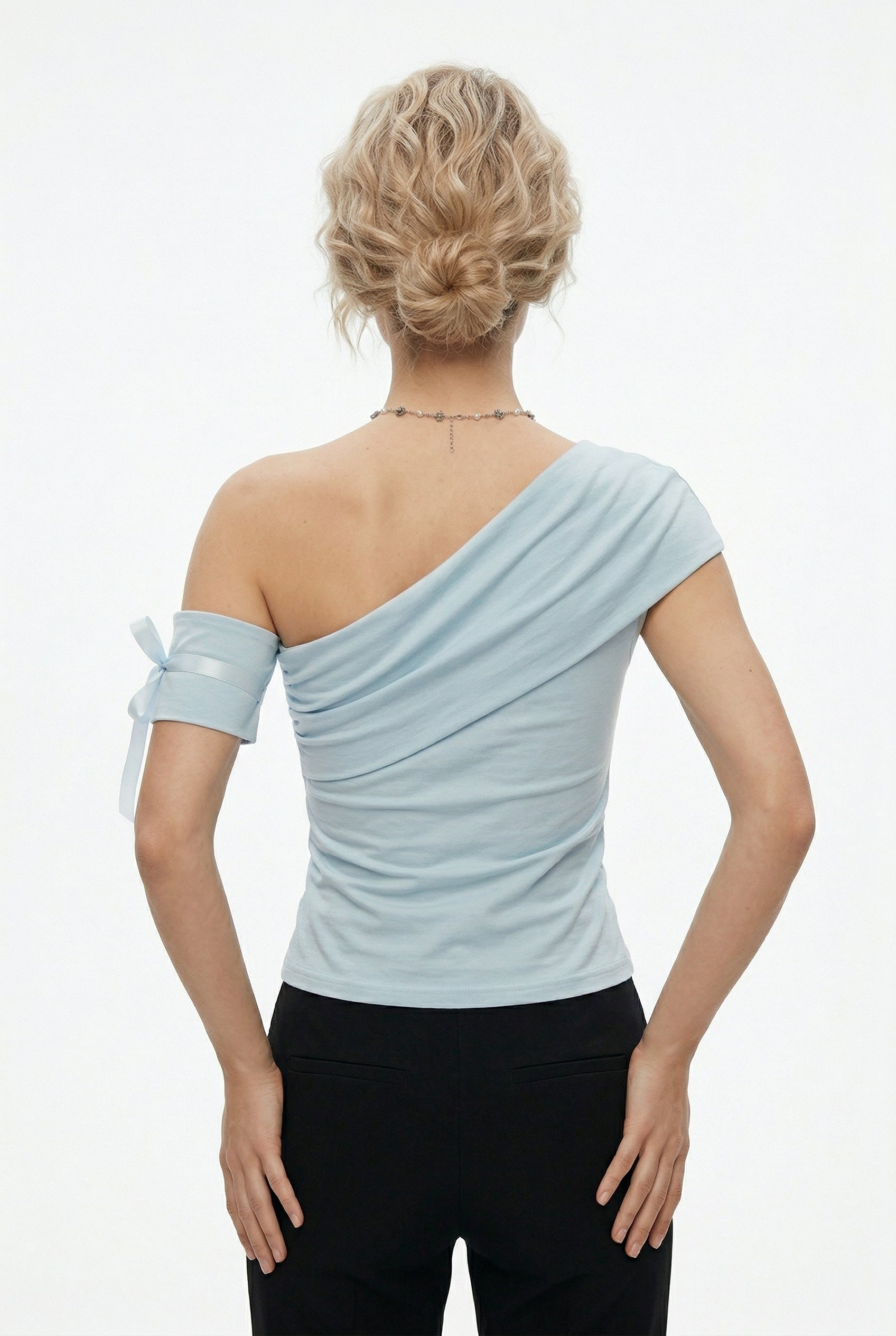 Powder Blue Asymmetric Off-Shoulder Top