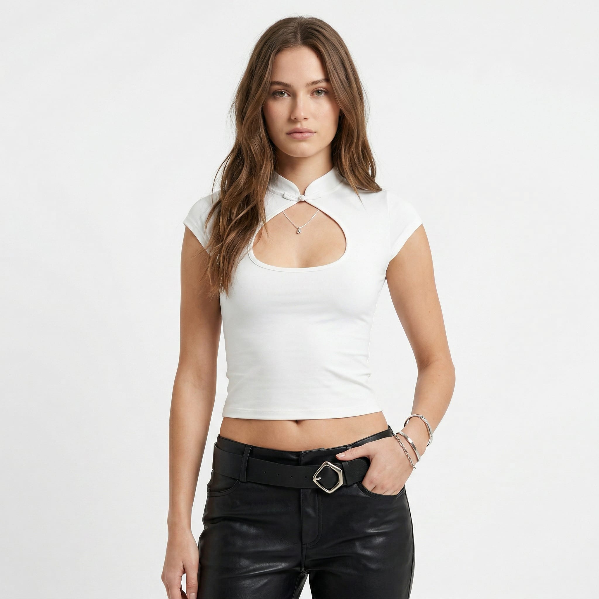 White Collar Cutout Crop Top