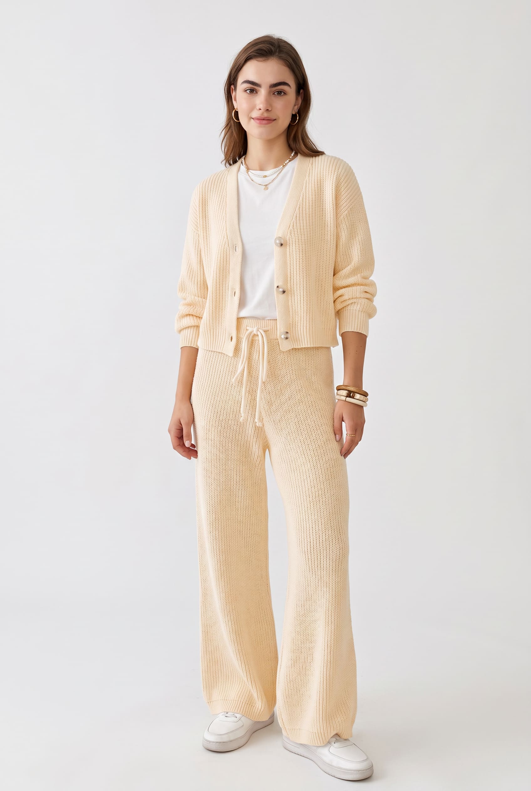 Cream Ribbed Knit Wide-Leg Trousers