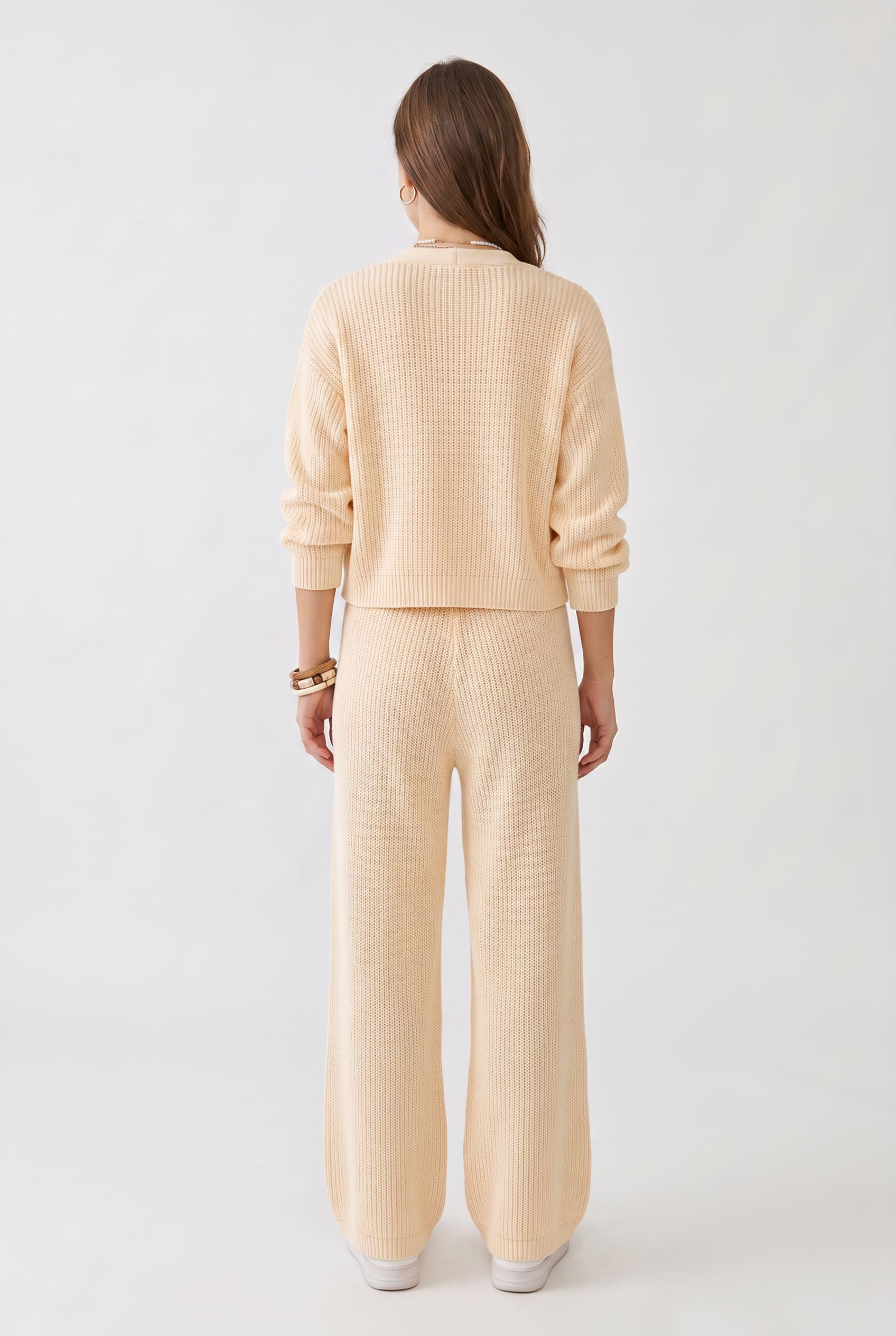 Cream Ribbed Knit Wide-Leg Trousers