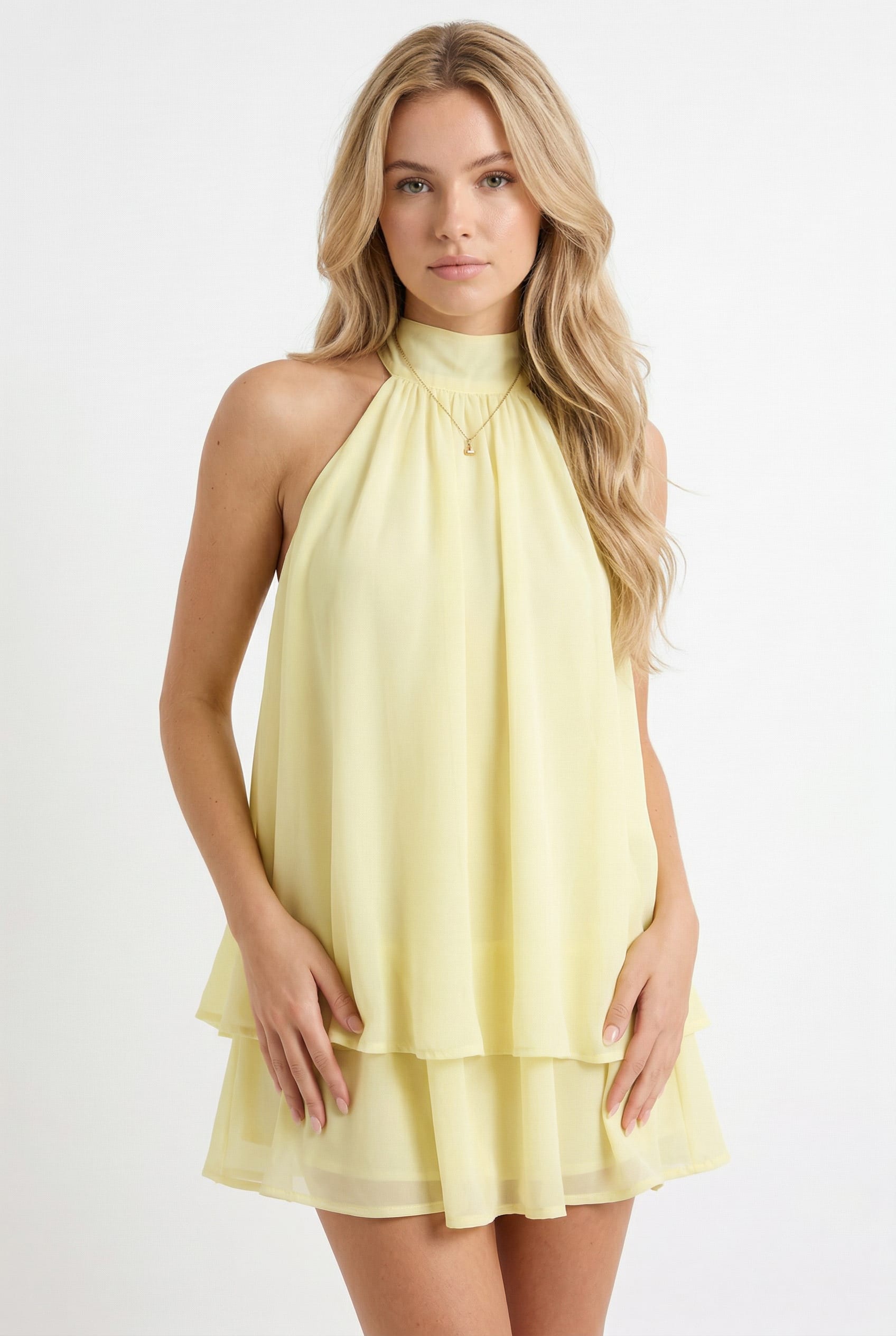 Lemon Yellow Halter Tiered Mini Dress